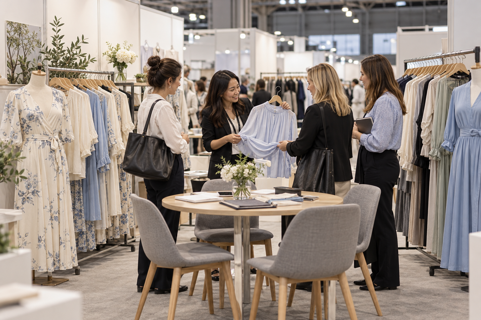 Illustrative apparel exhibition booth with garment collections