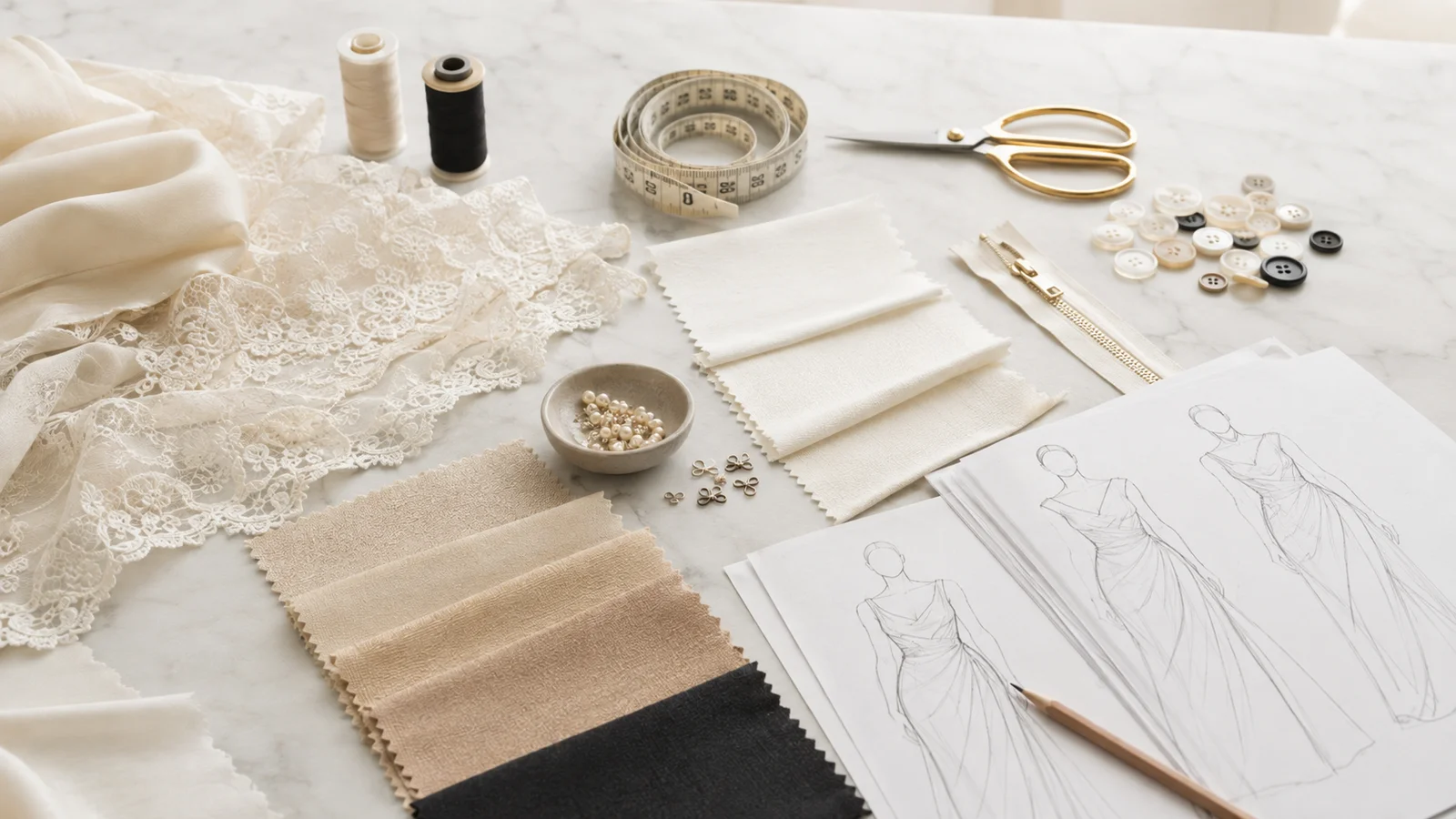 Original dress sketches with lace and fabric swatches