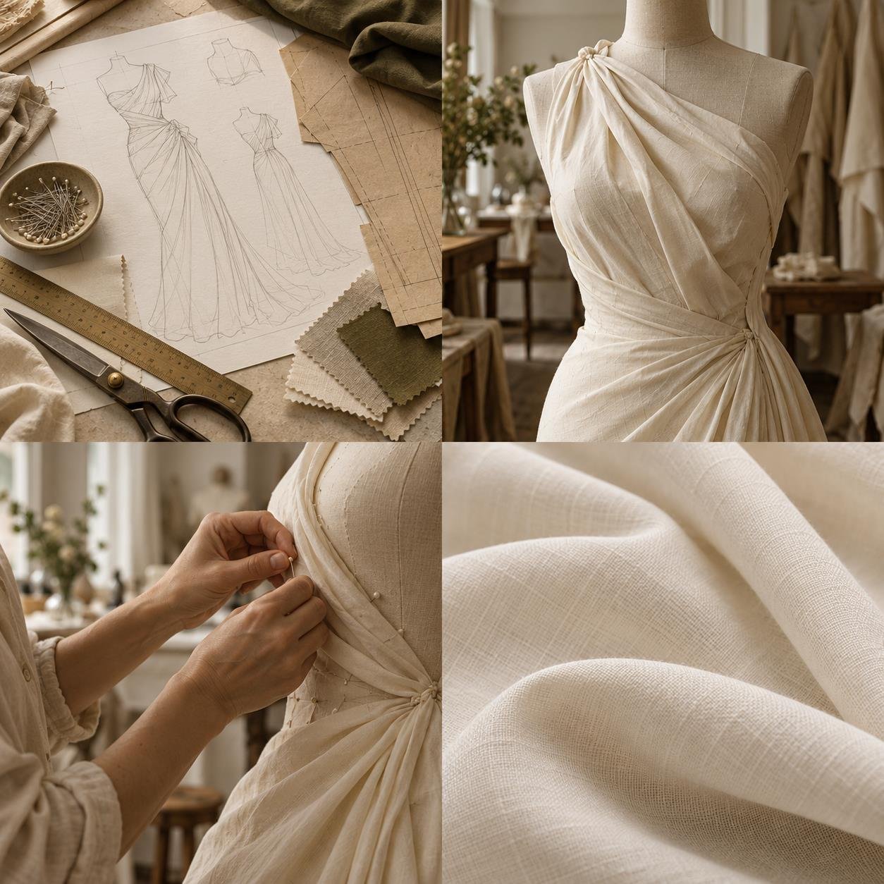 Illustrative dress sketches, fabric swatches and paper patterns