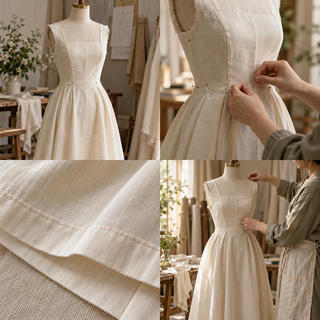 Illustrative muslin dress prototype with pinned seams on a dress form