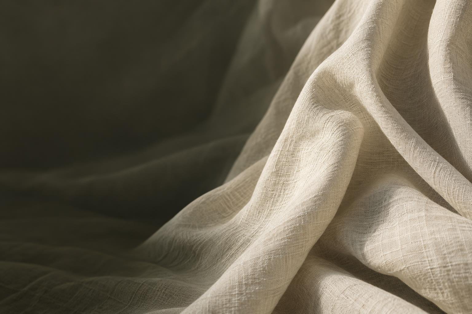 Cream woven fabric in soft folds against olive shadows