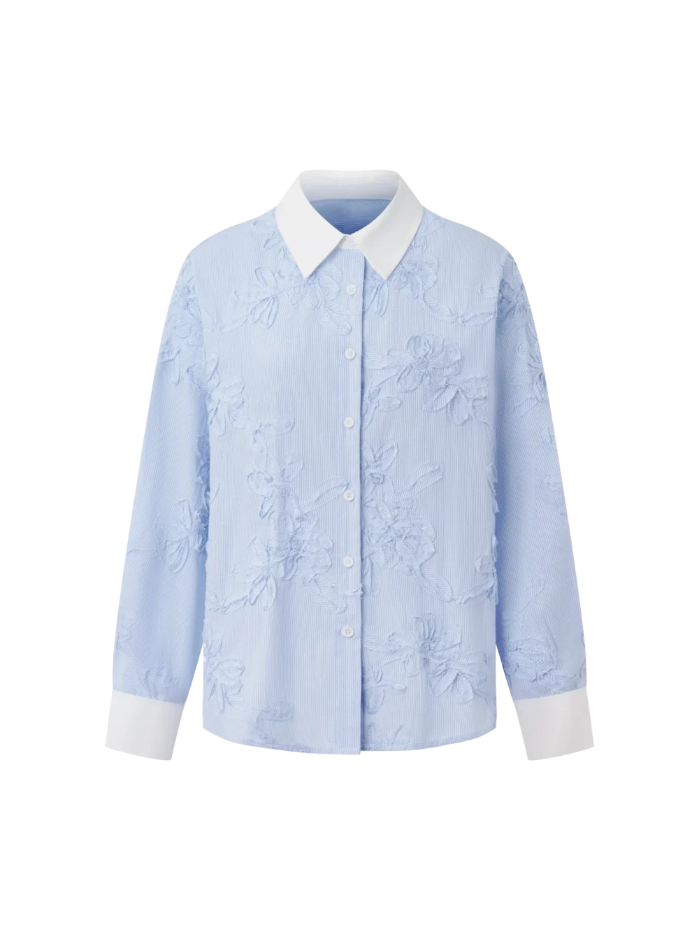 Sky Blue Striped Floral Embroidered Button-Up Shirt