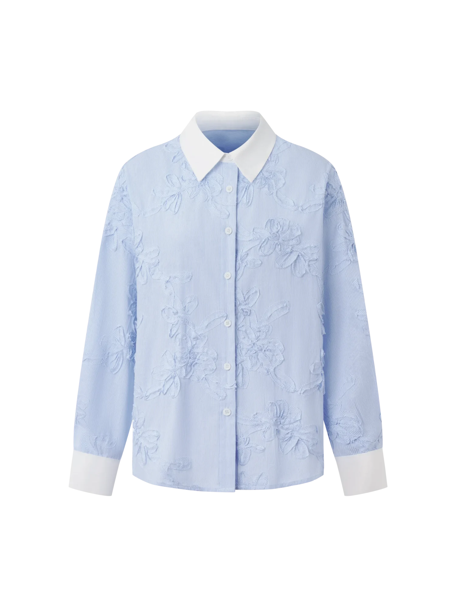 Sky Blue Striped Floral Embroidered Button-Up Shirt