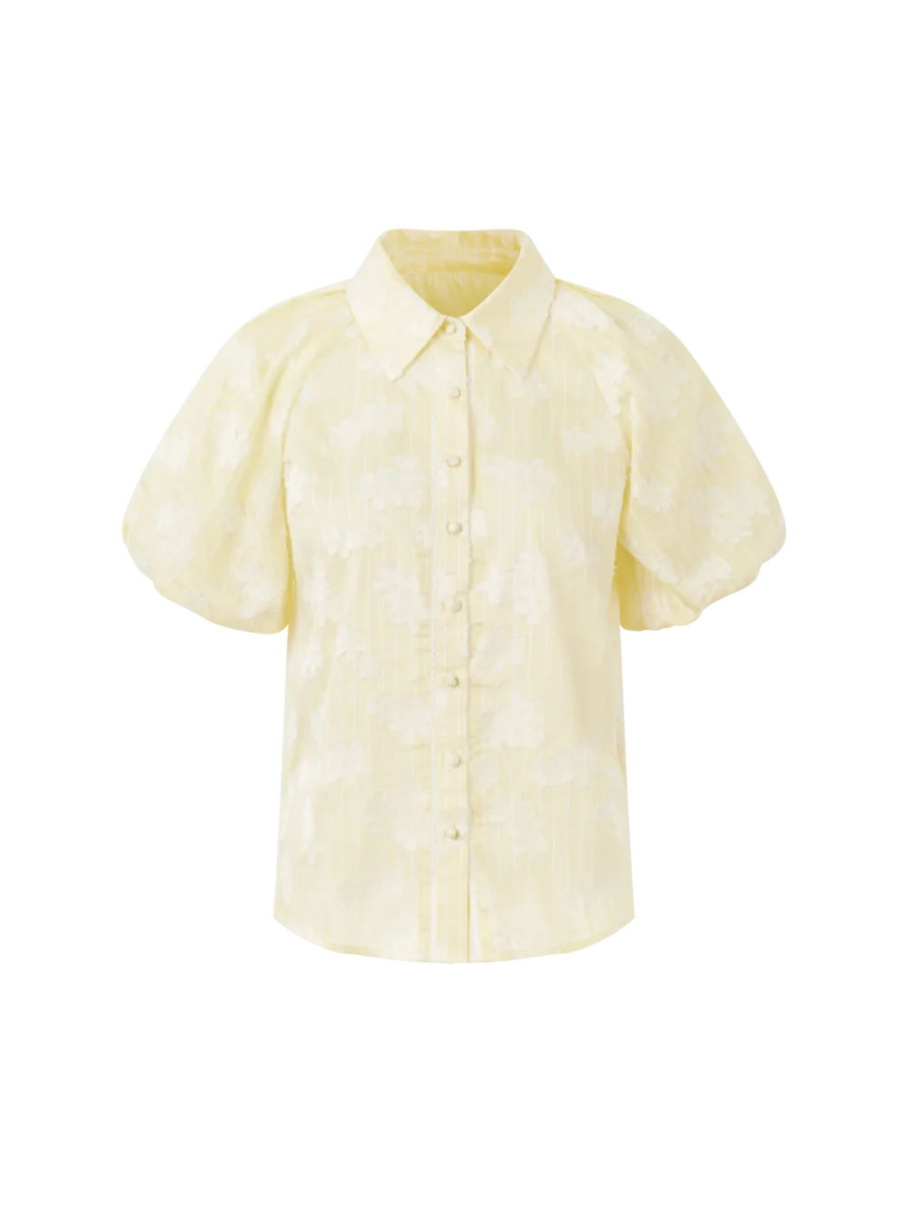 Soft Yellow Floral Embroidered Puff Sleeve Blouse