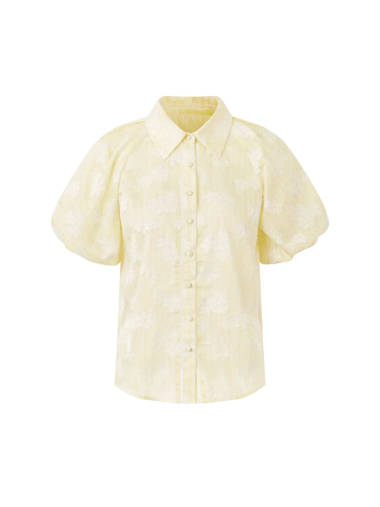 Soft Yellow Floral Embroidered Puff Sleeve Blouse