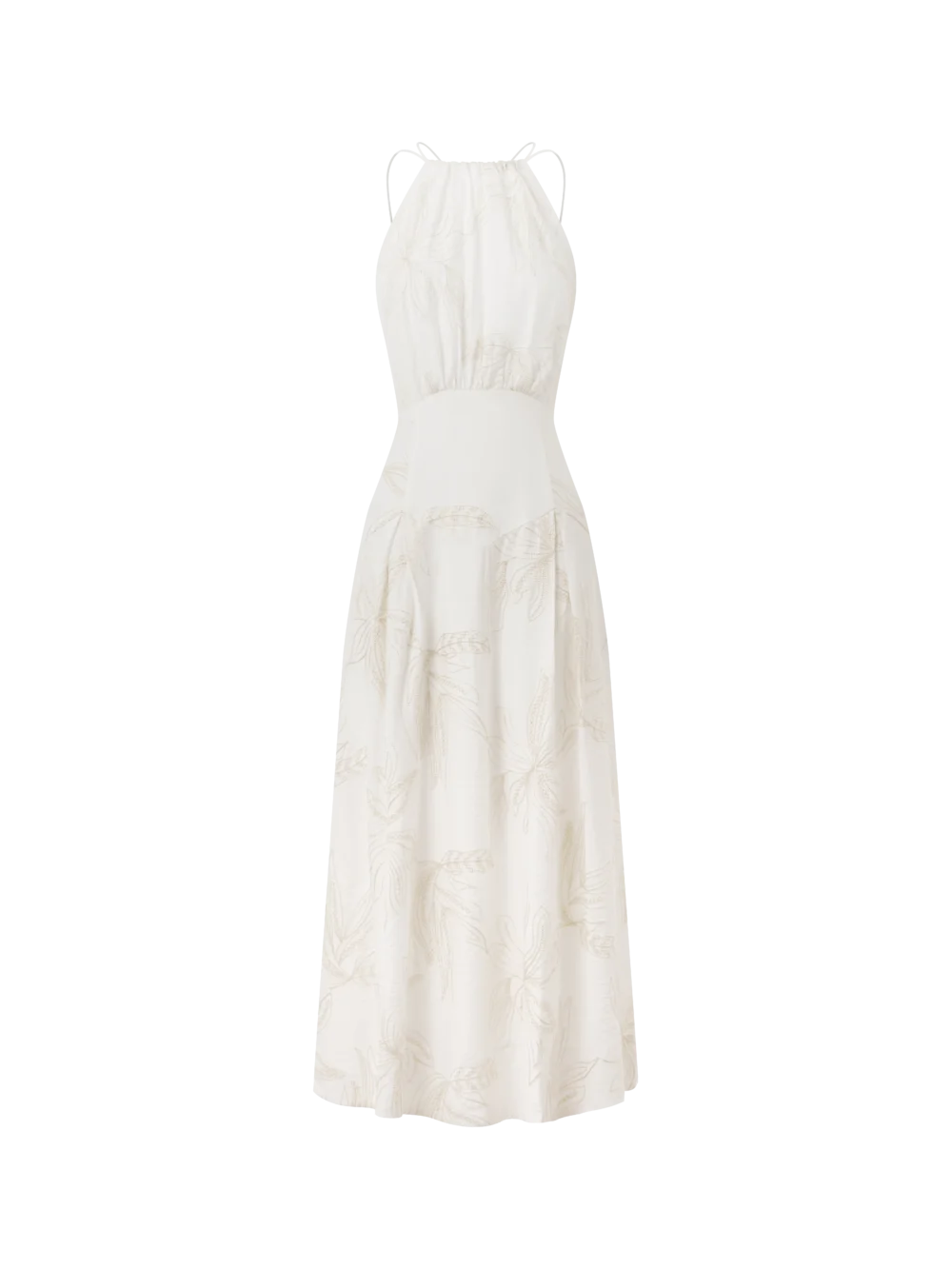 Ivory Floral Embroidered Halter Maxi Dress