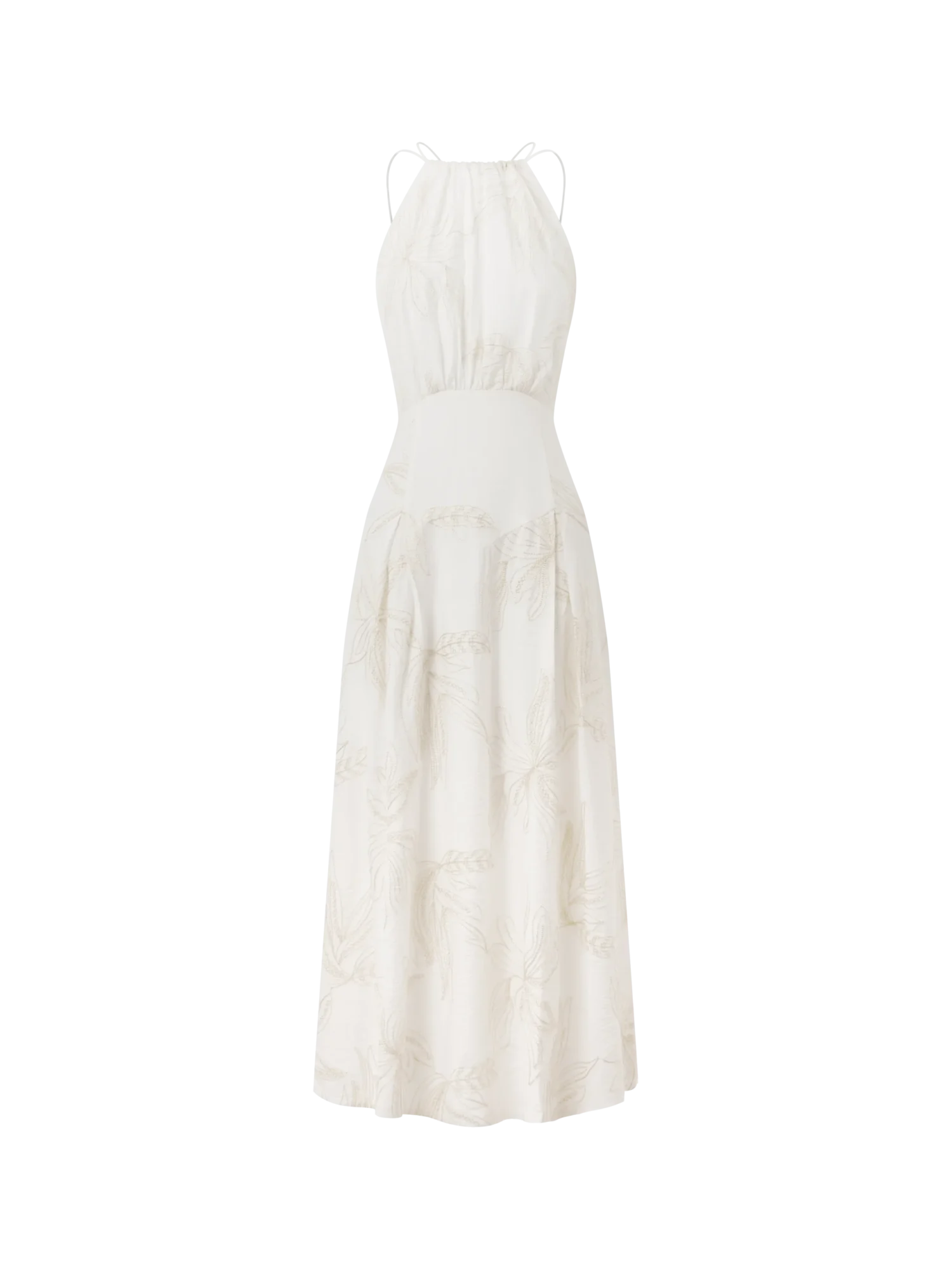 Ivory Floral Embroidered Halter Maxi Dress