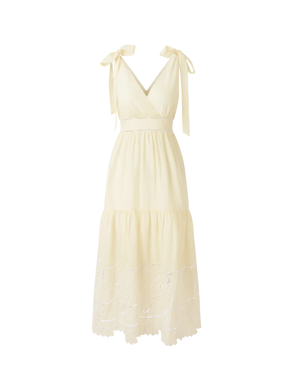 Pale Yellow Tie-Shoulder Embroidered Maxi Dress