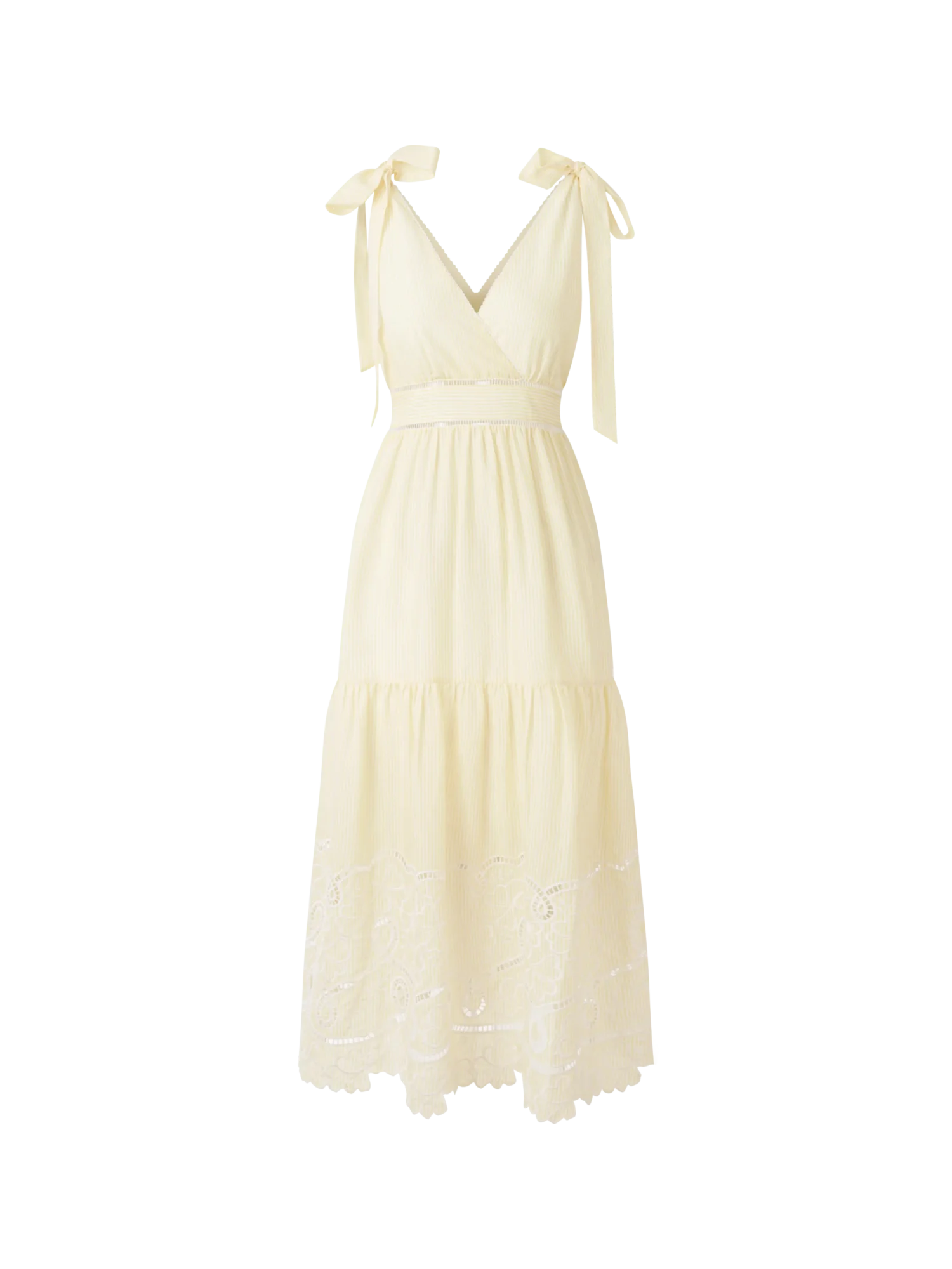Pale Yellow Tie-Shoulder Embroidered Maxi Dress