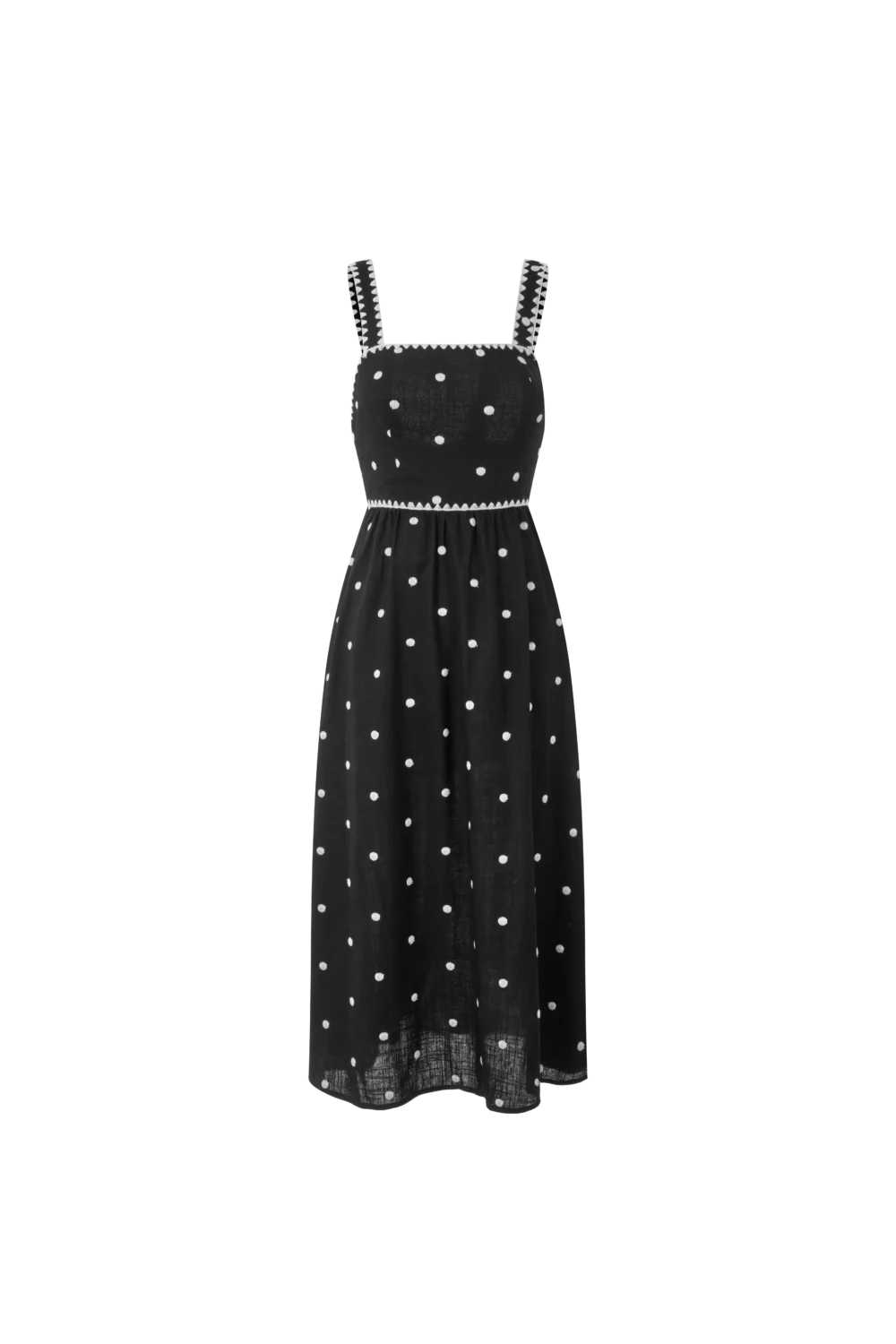 Black Embroidered Polka Dot Square Neck Midi Dress