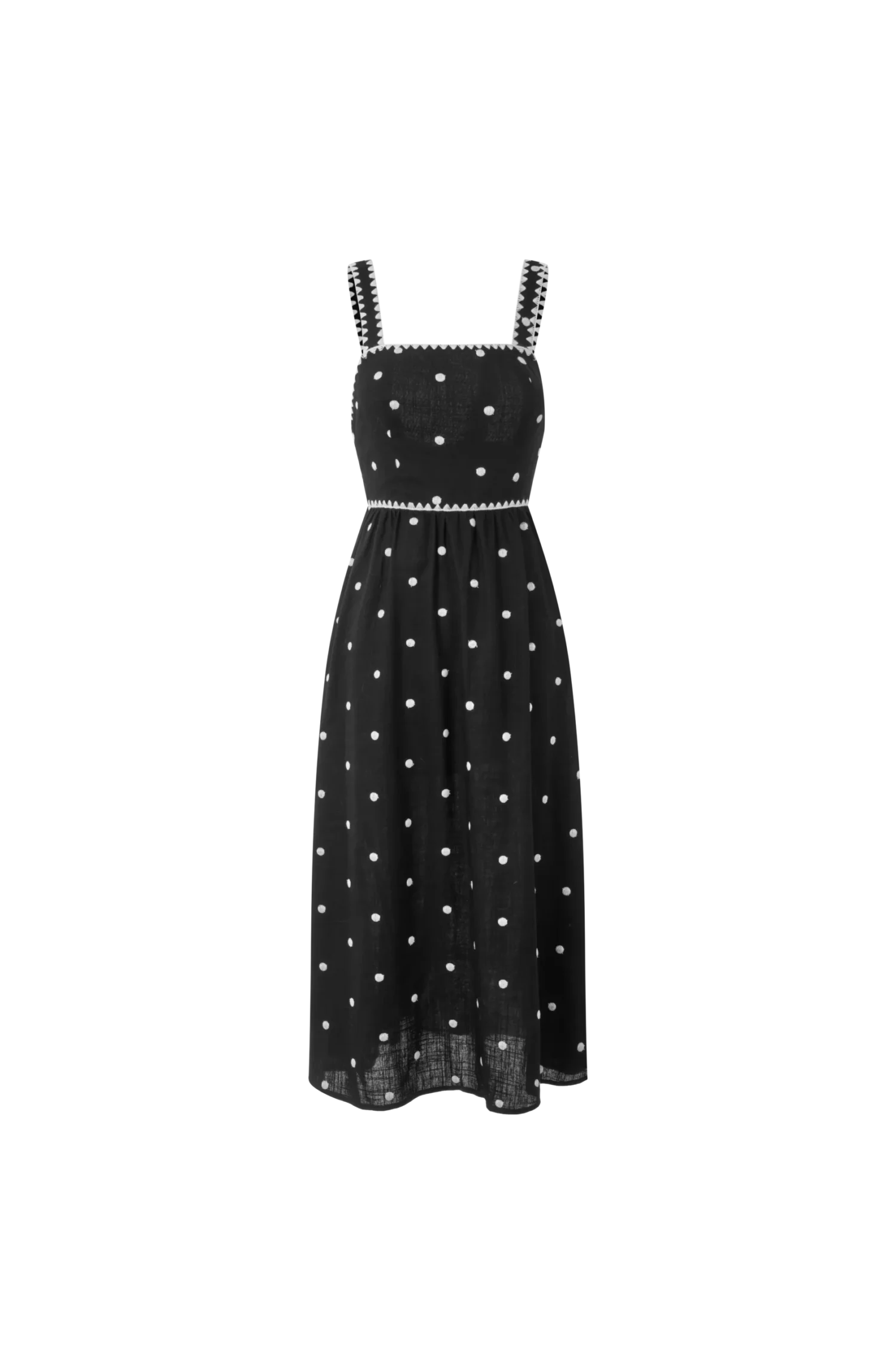 Black Embroidered Polka Dot Square Neck Midi Dress