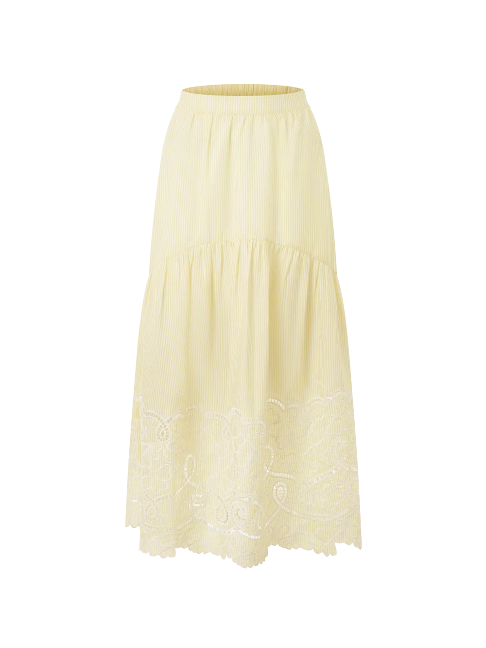 Pale Yellow Striped Lace Hem Maxi Skirt
