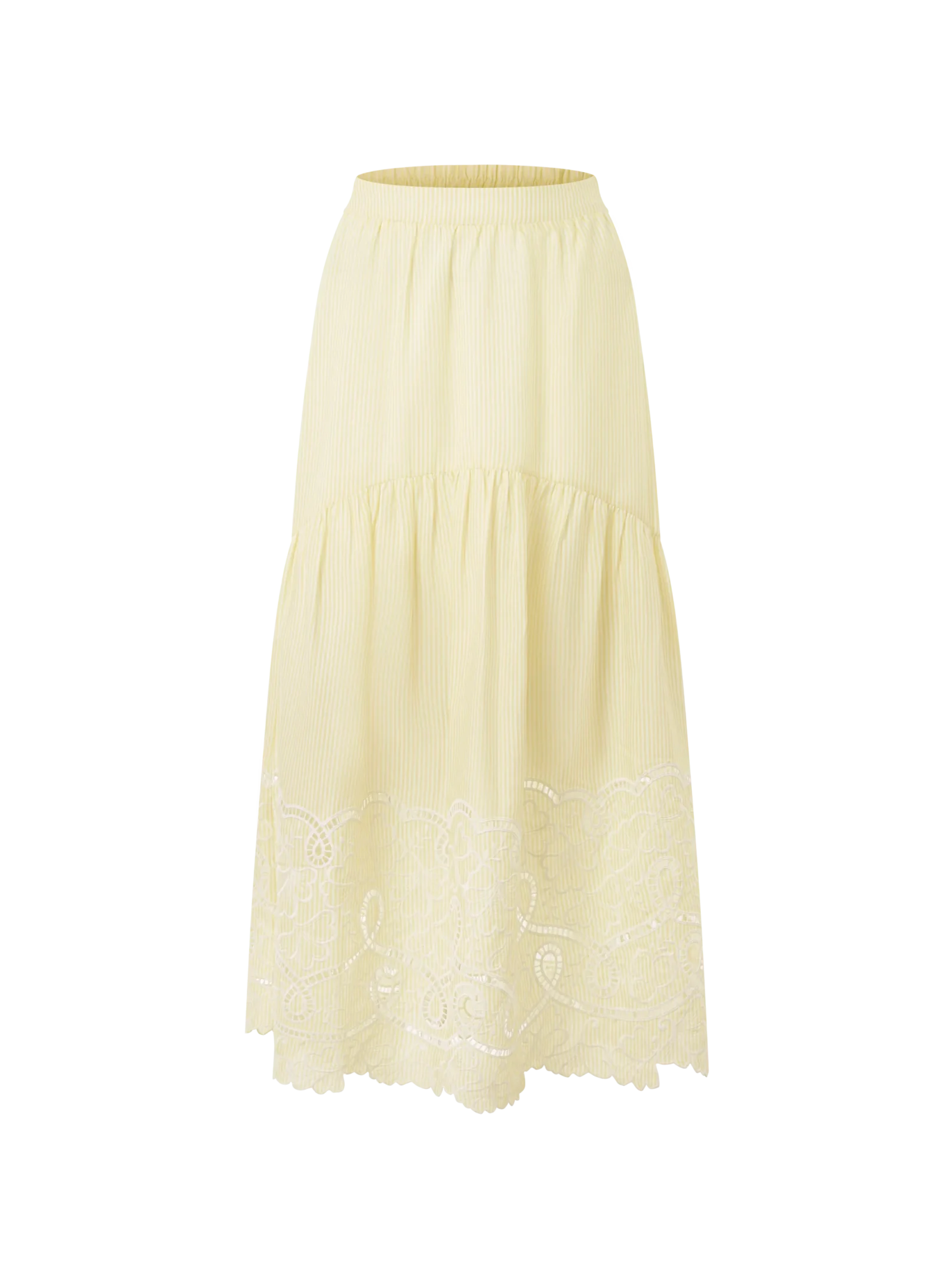 Pale Yellow Striped Lace Hem Maxi Skirt