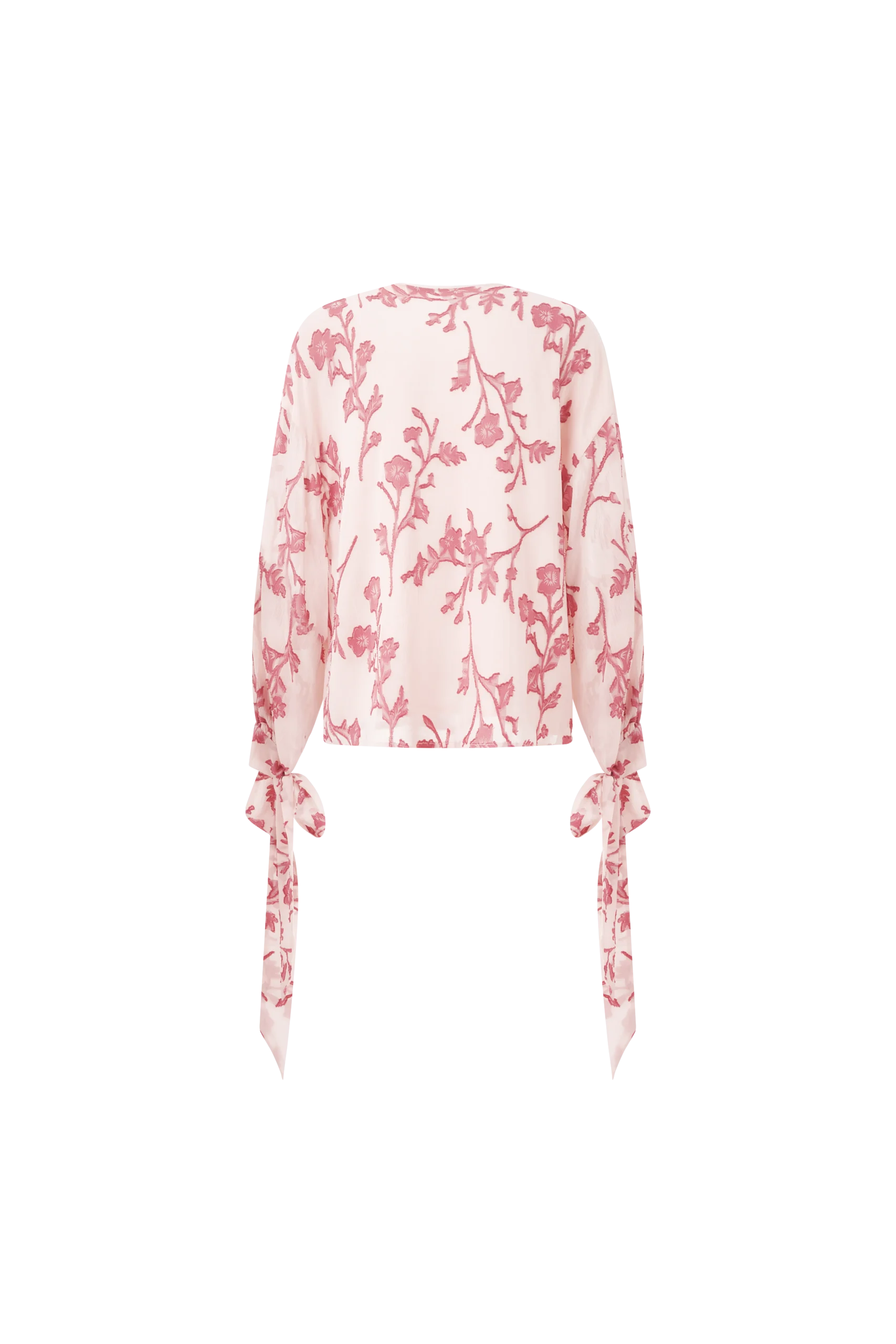 Pink Floral Embroidered Tie-Cuff Blouse