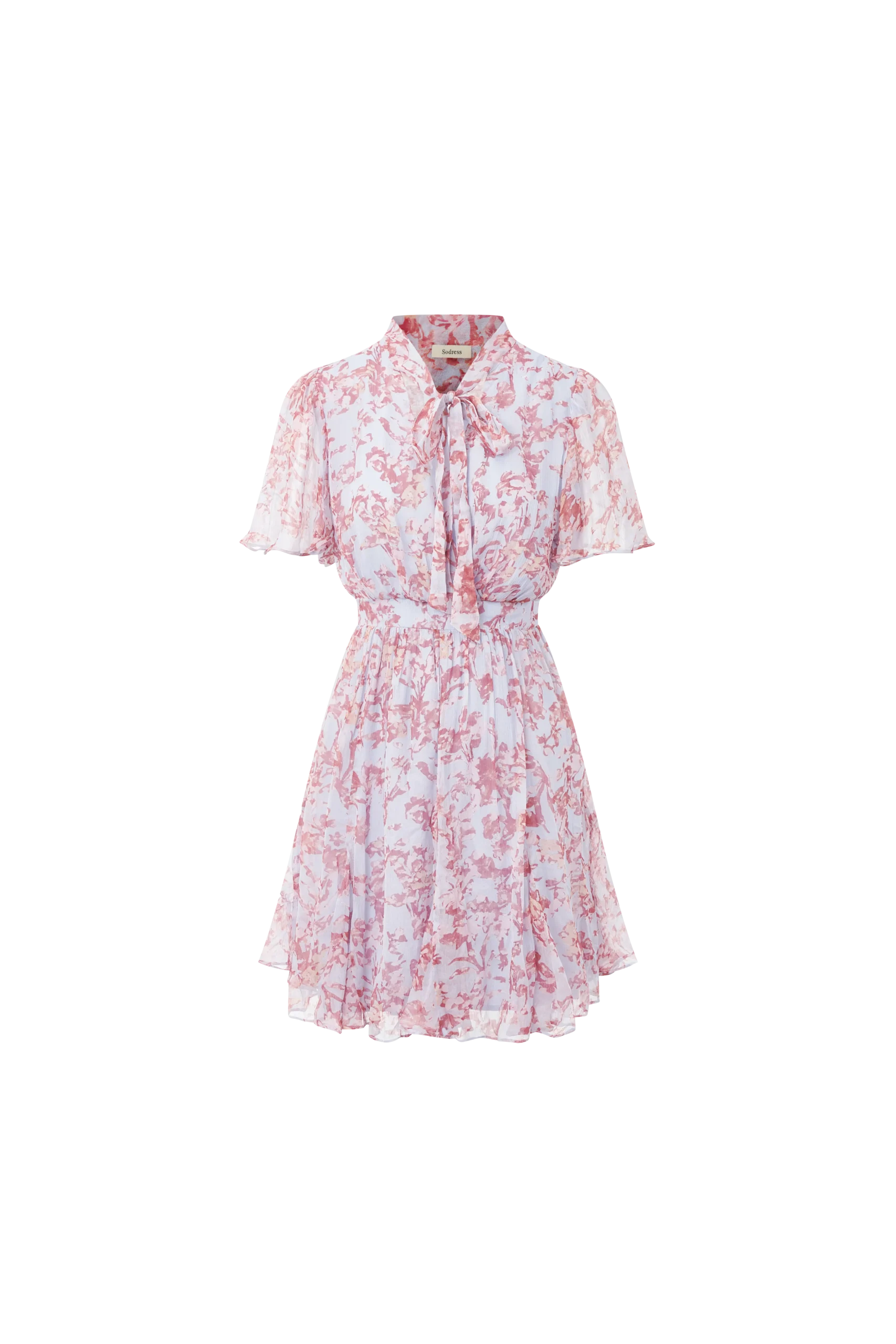 A lightweight floral mini dress featuring a feminine tie neckline, flutter sleeves, and a softly gathered waist. Its airy silhouette makes it ideal for summer collections, resort wear, and effortless everyday styling.