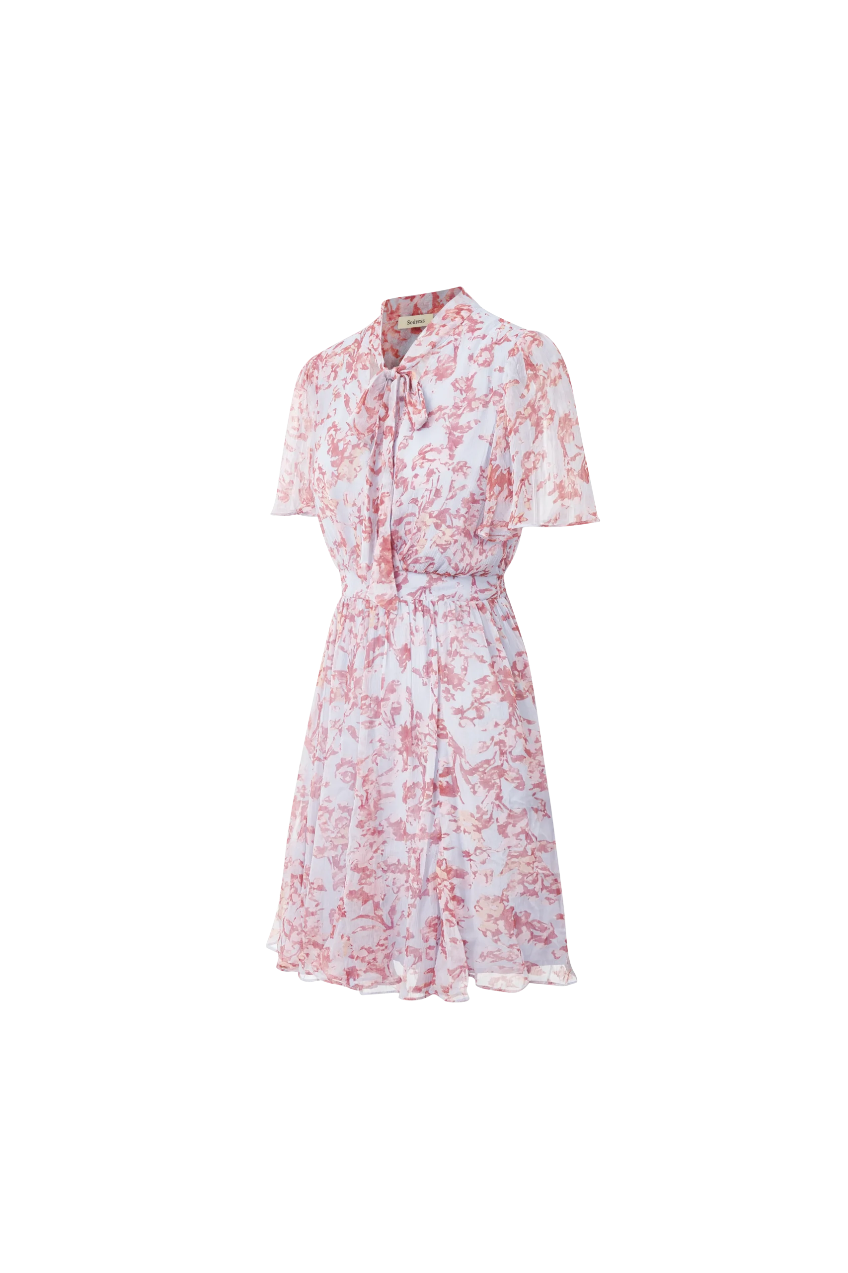 A lightweight floral mini dress featuring a feminine tie neckline, flutter sleeves, and a softly gathered waist. Its airy silhouette makes it ideal for summer collections, resort wear, and effortless everyday styling.