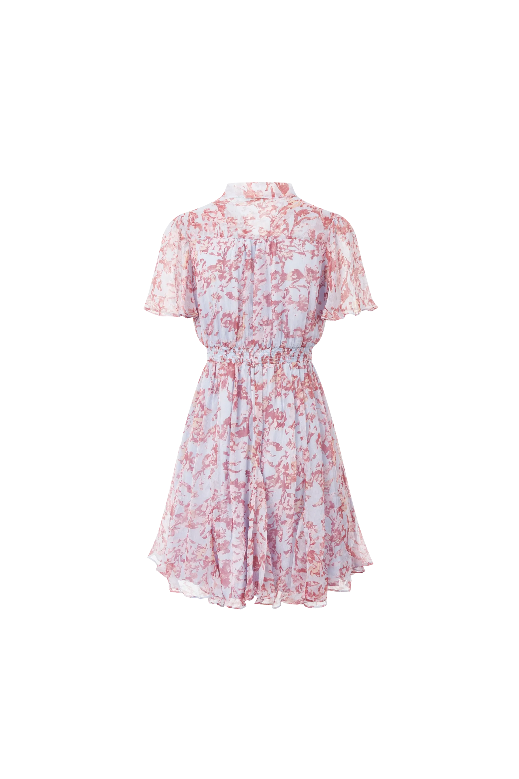 A lightweight floral mini dress featuring a feminine tie neckline, flutter sleeves, and a softly gathered waist. Its airy silhouette makes it ideal for summer collections, resort wear, and effortless everyday styling.