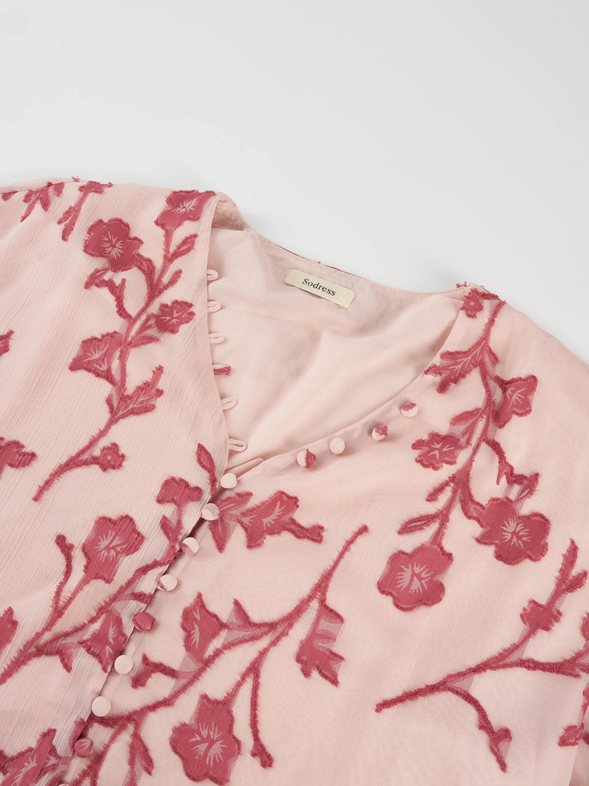 Pink Floral Embroidered Tie-Cuff Blouse