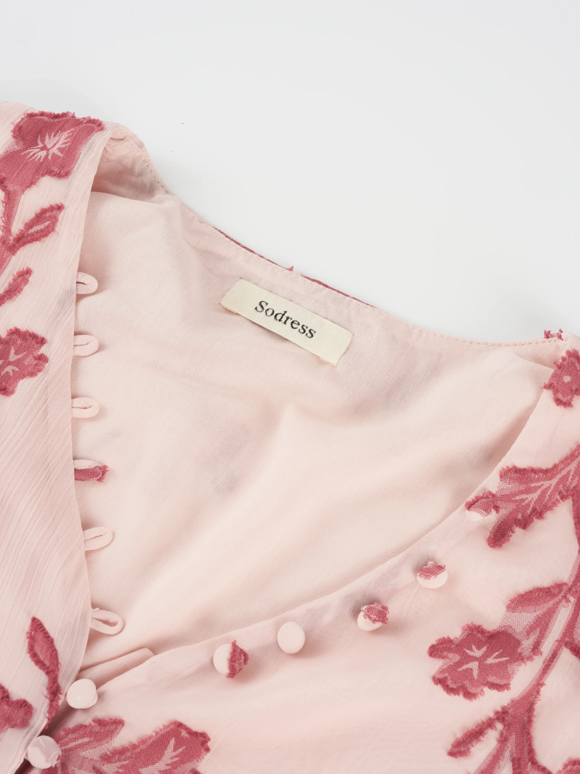 Pink Floral Embroidered Tie-Cuff Blouse