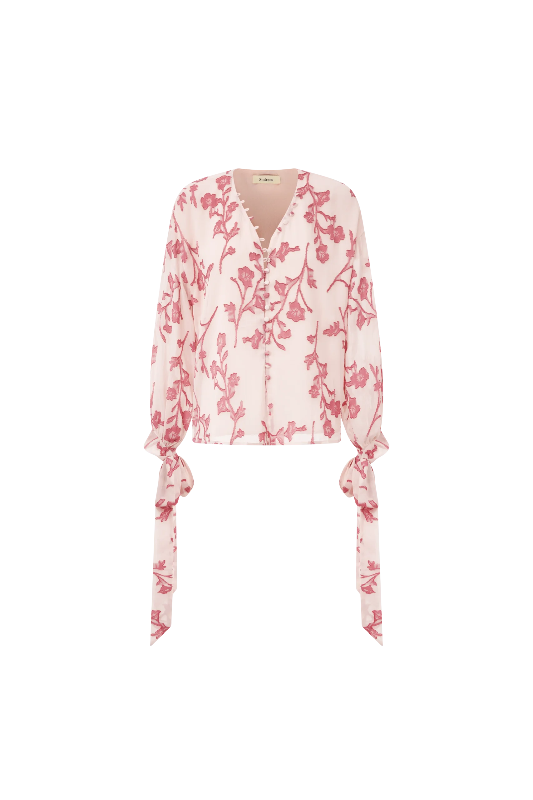 Pink Floral Embroidered Tie-Cuff Blouse