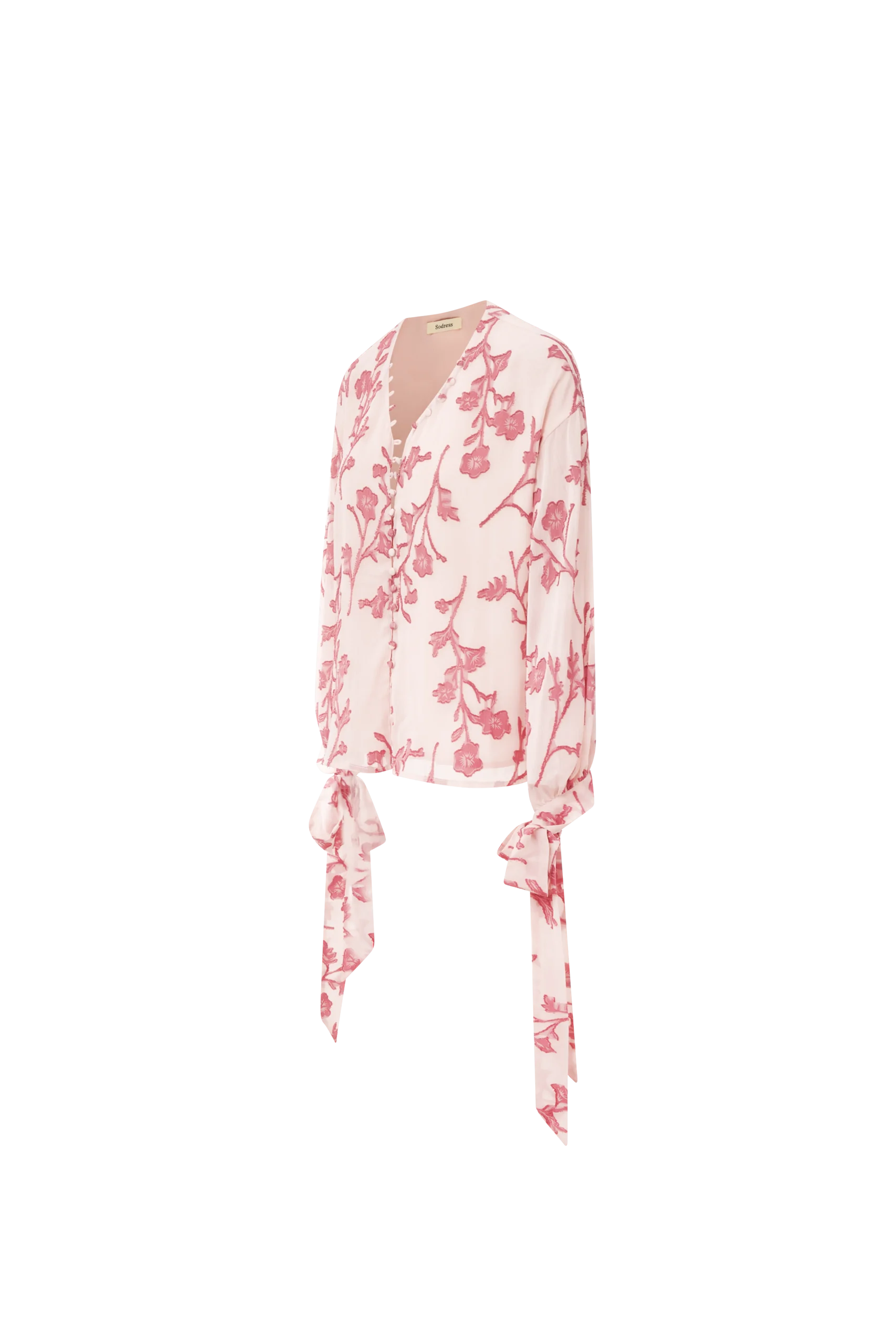 Pink Floral Embroidered Tie-Cuff Blouse