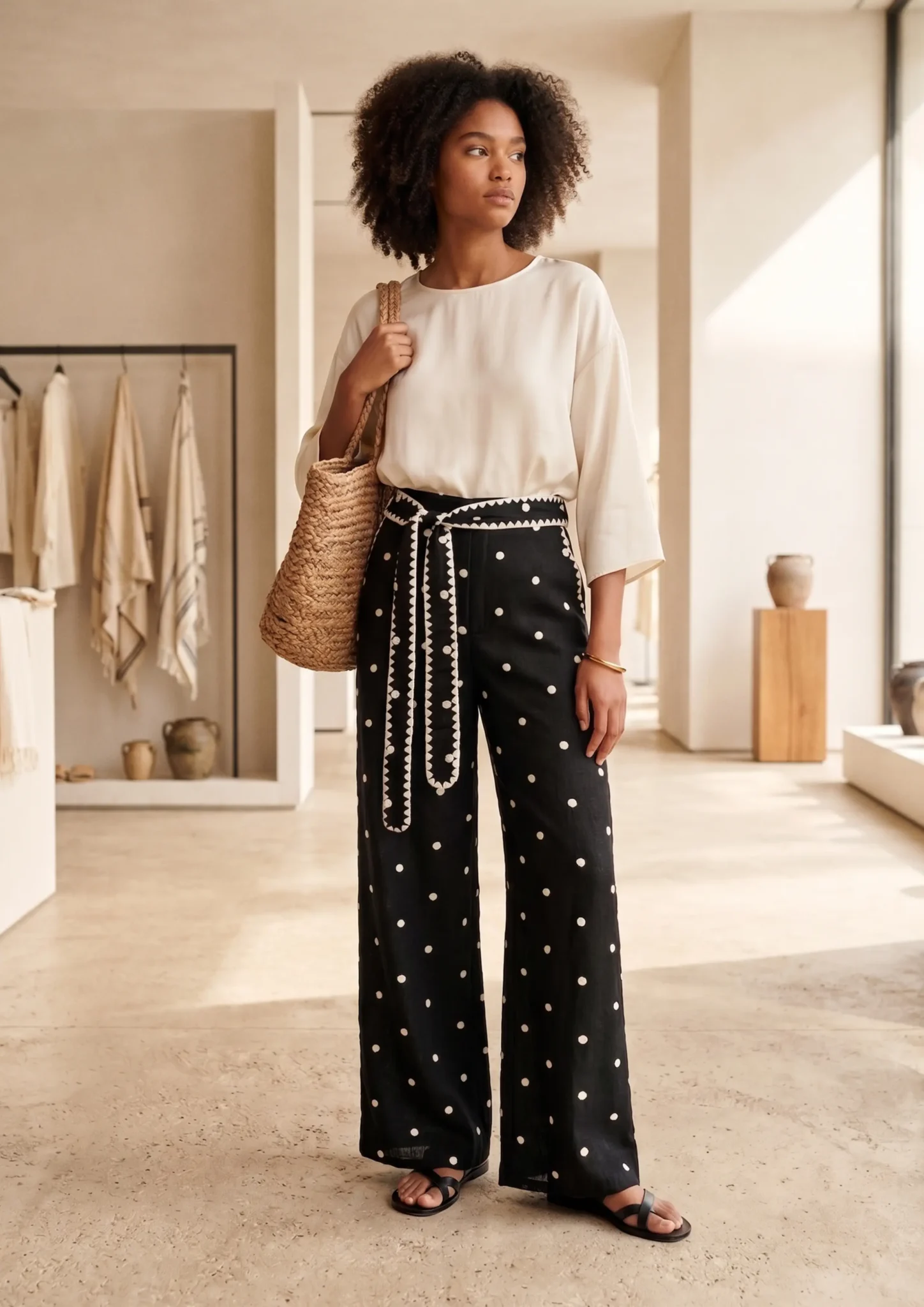 Embroidered polka dot wide leg pants