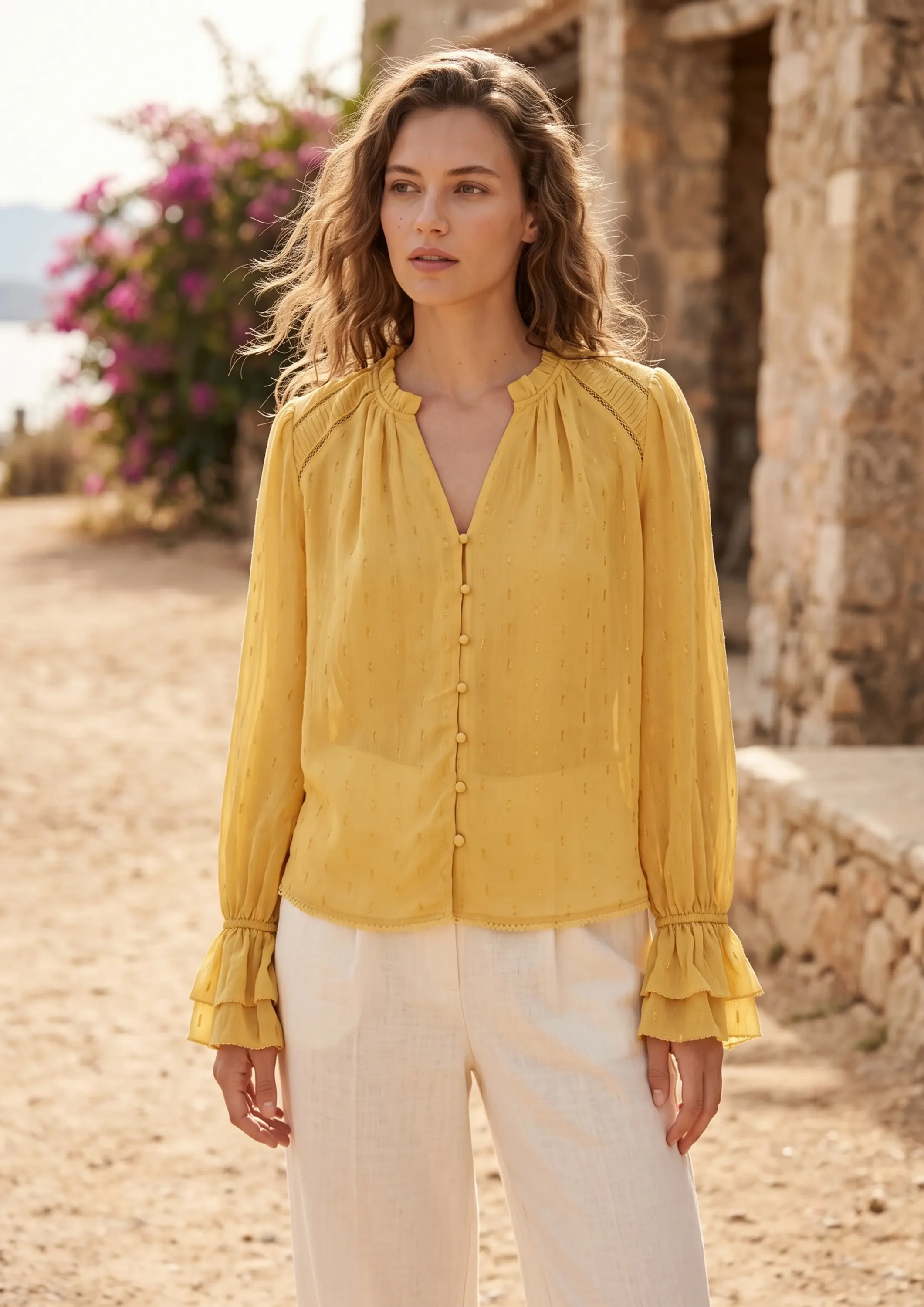 Women’s Yellow Ruffle Sleeve Blouse – SHENGFU TEXTILE Women’s yellow ruffle sleeve blouse