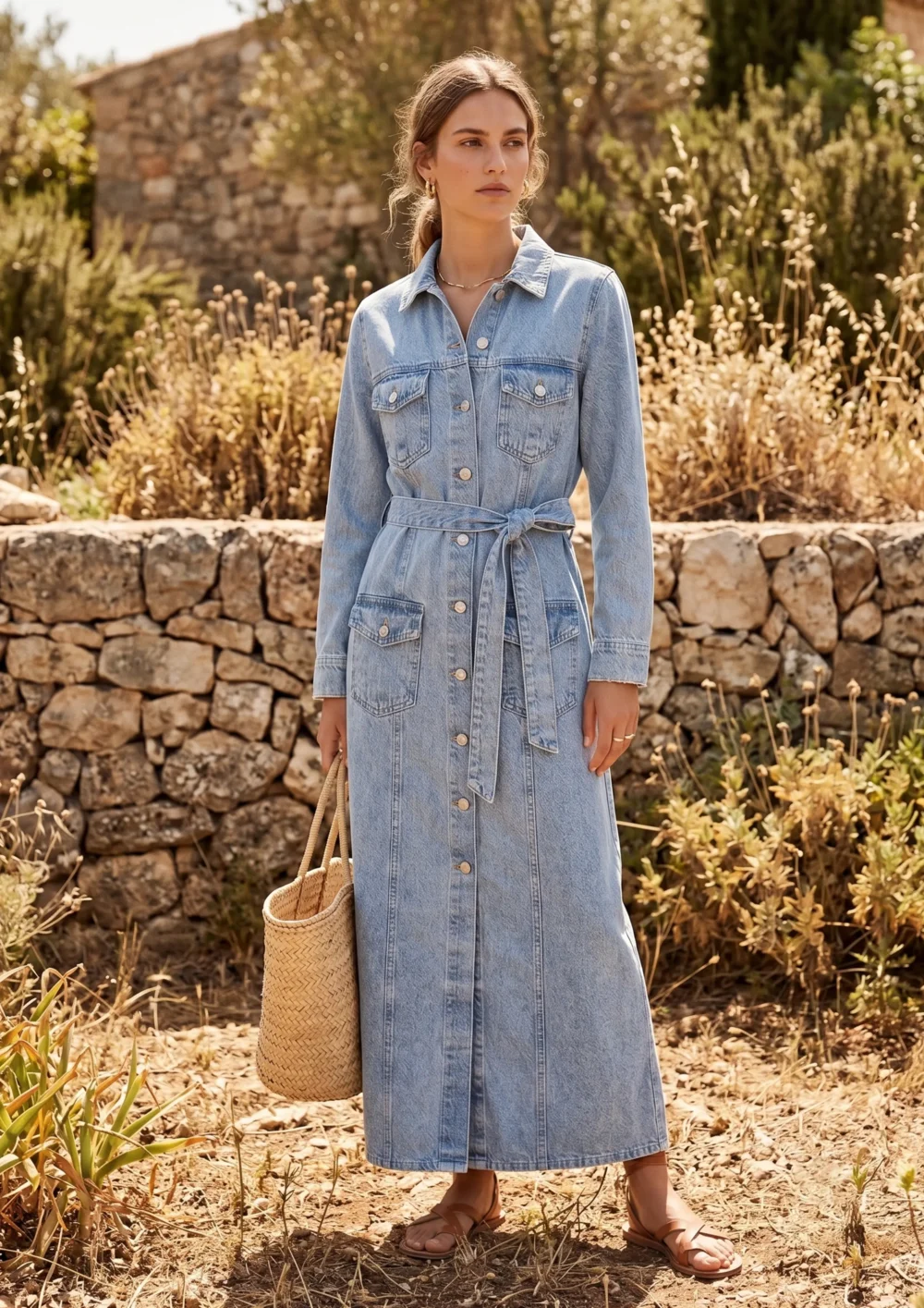 Belted Denim Maxi Shirt Dress
