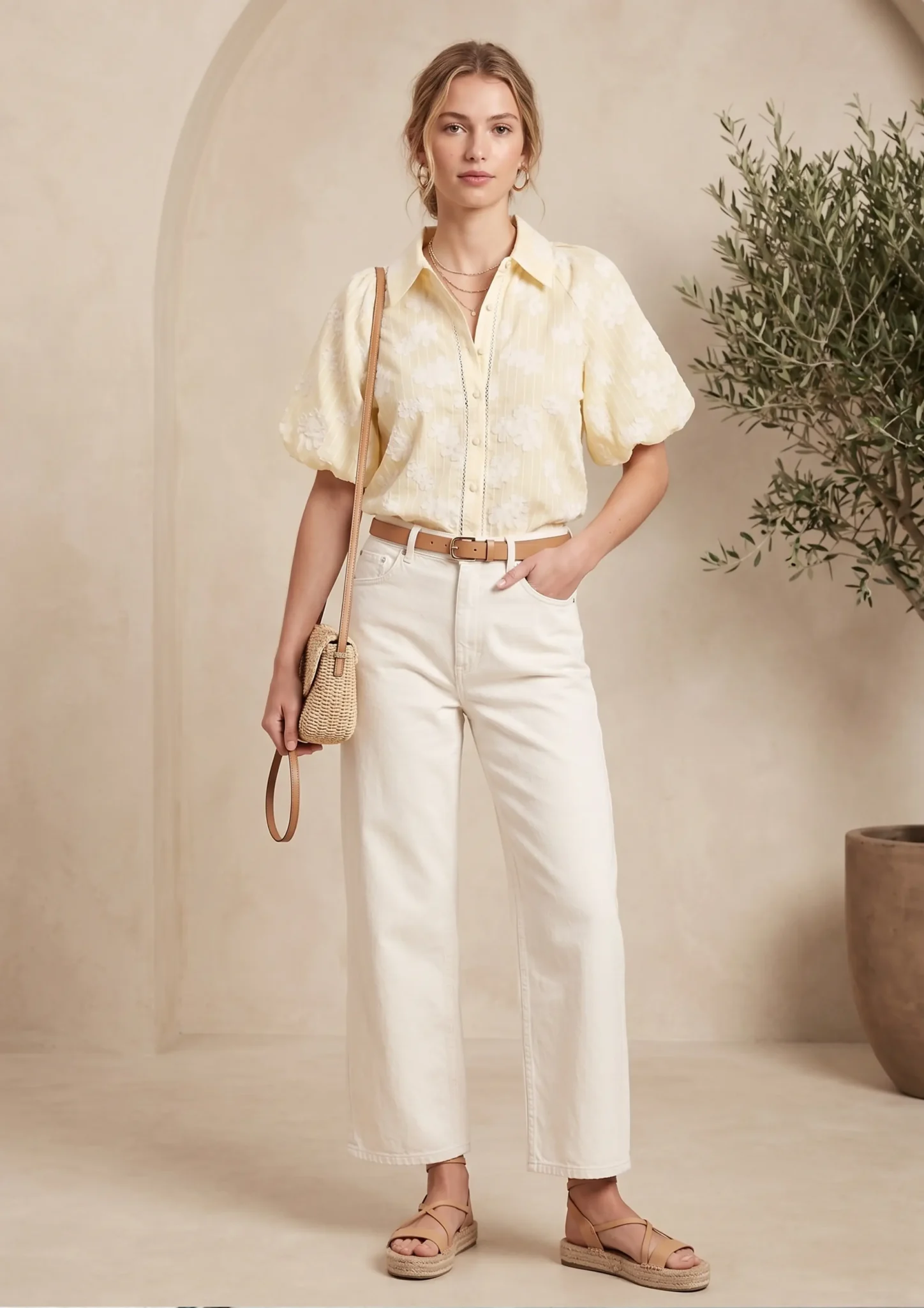 Pale yellow embroidered puff sleeve blouse