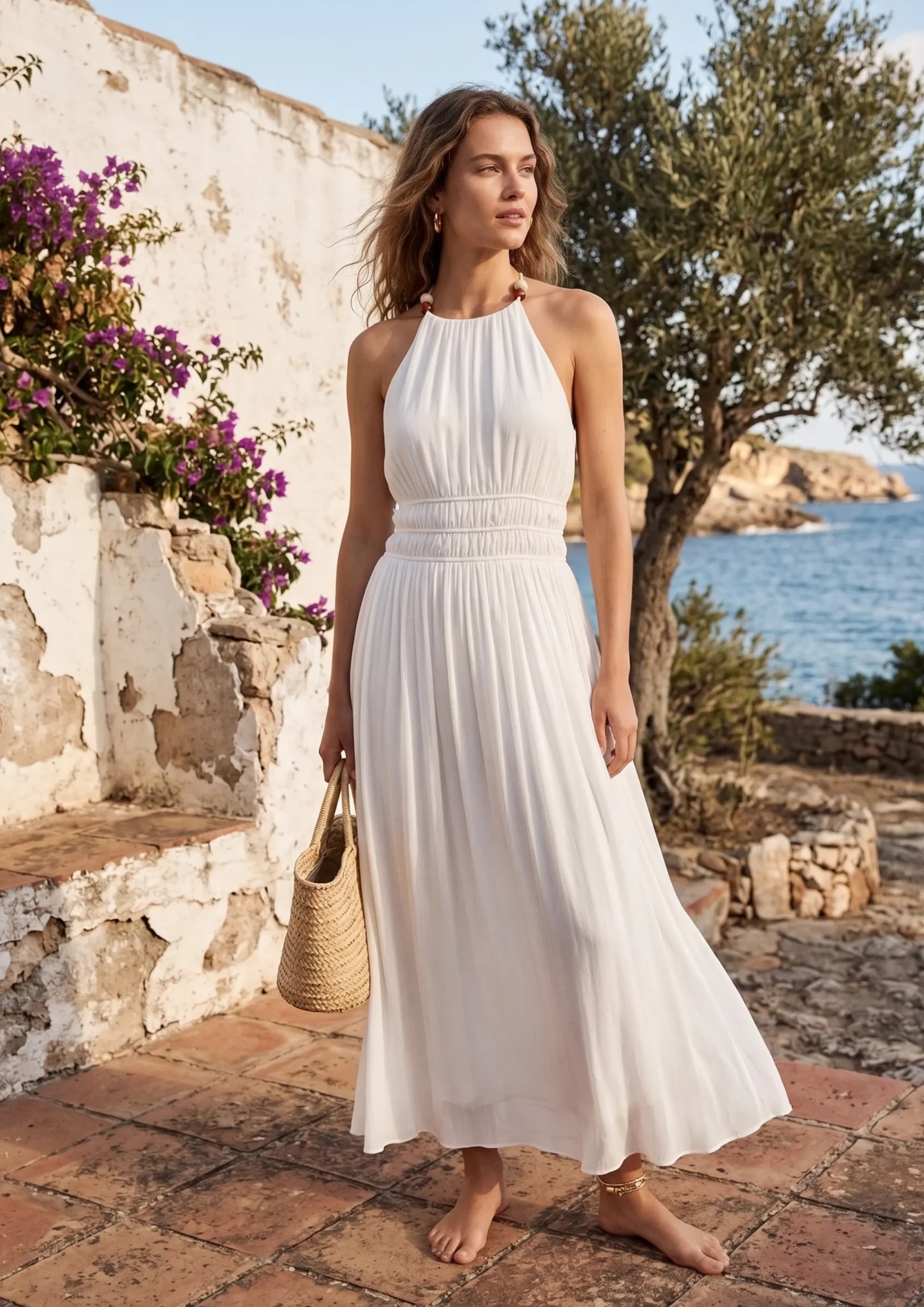 White Halter Pleated Maxi Dress – SHENGFU TEXTILE White-halter-pleated-maxi-dress-scaled