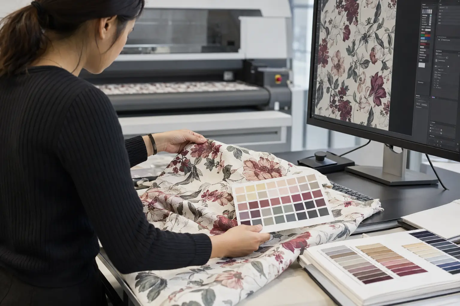 Color control and inspection connect the approved digital file to the final fabric. Textile technician comparing digitally printed fabric with a color reference