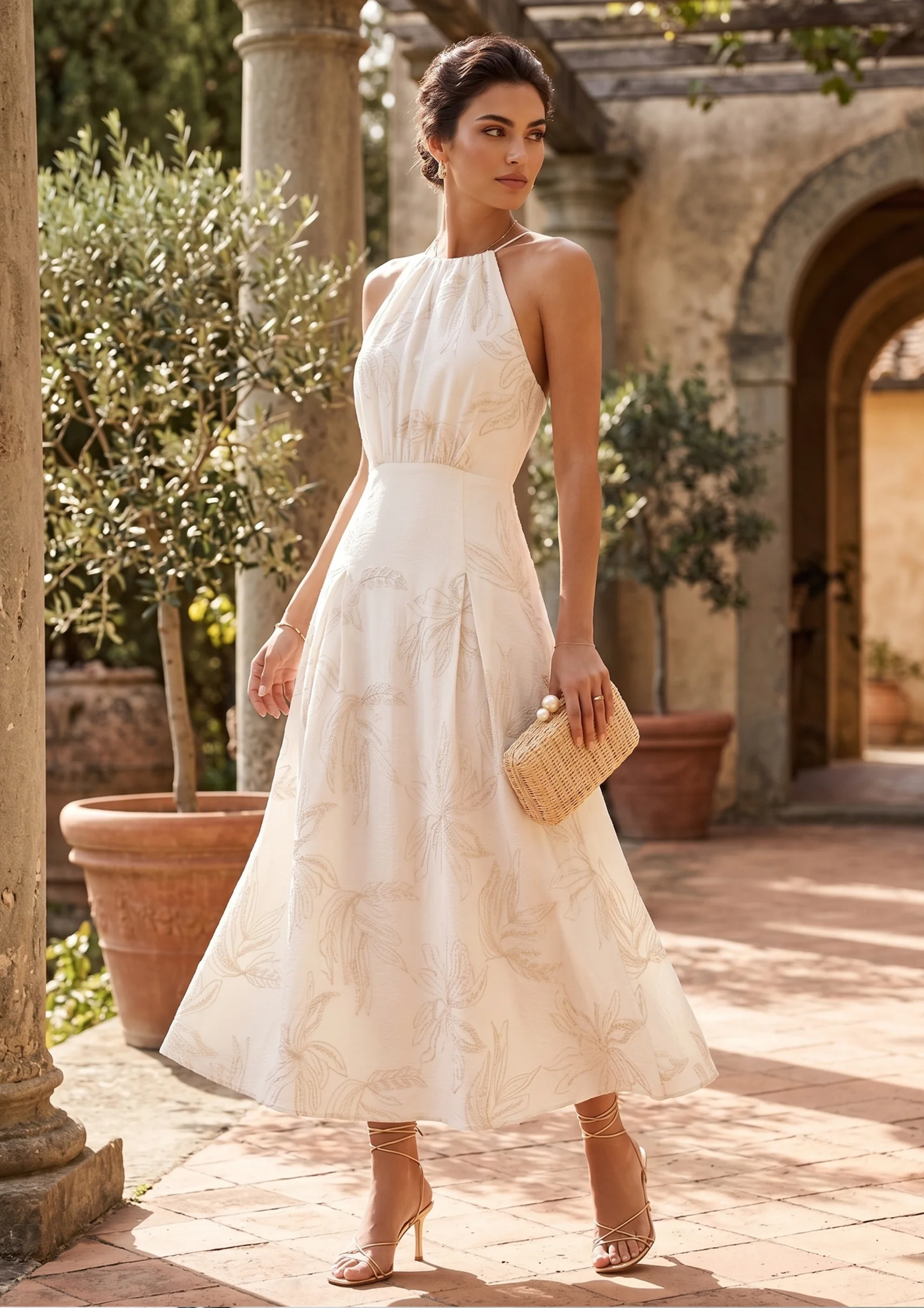 Beige embroidered long dress developed by shengfu