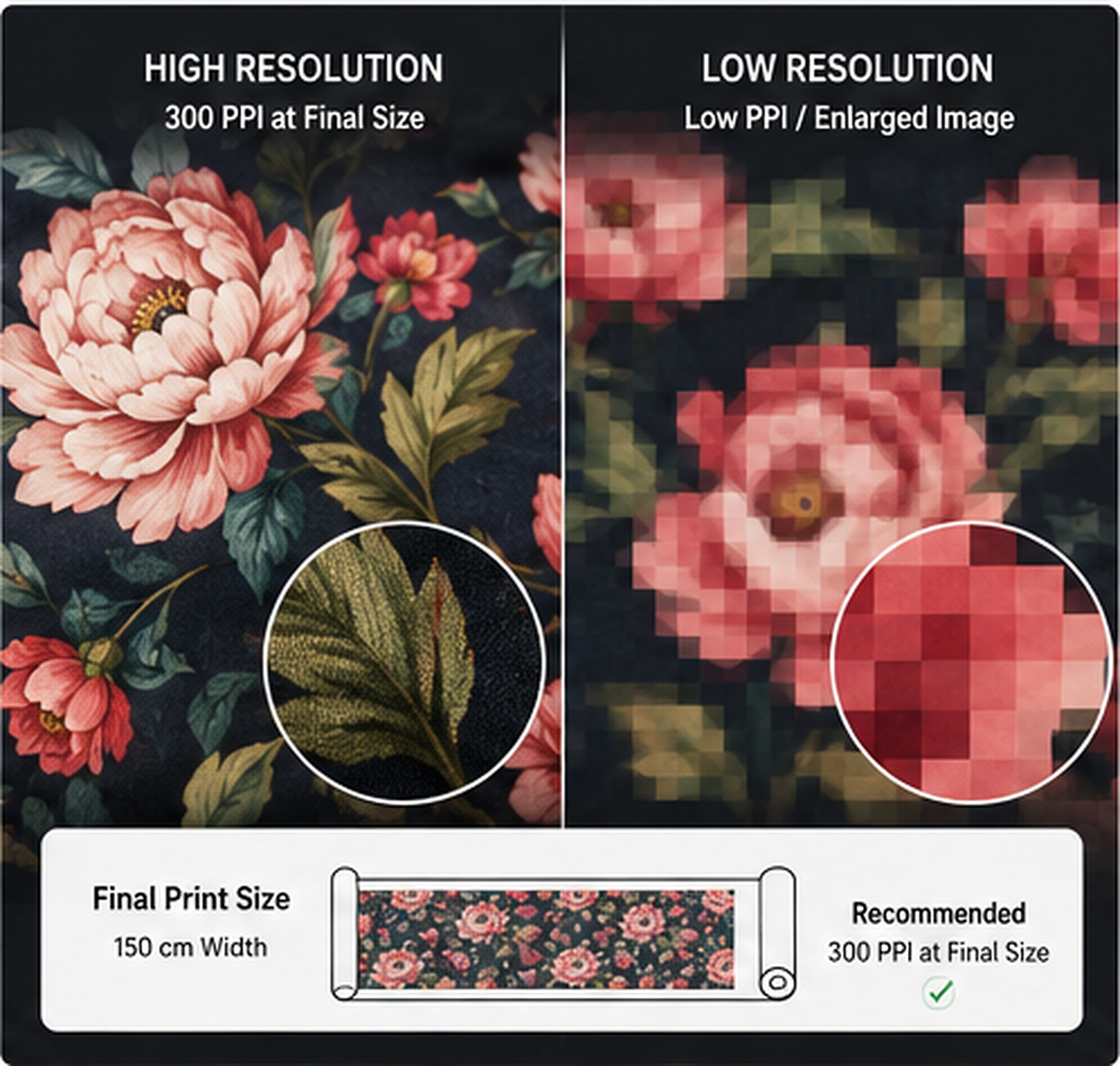 Left: high-resolution floral painting at 300 PPI; right: low-resolution, pixelated version for 300 PPI comparison.