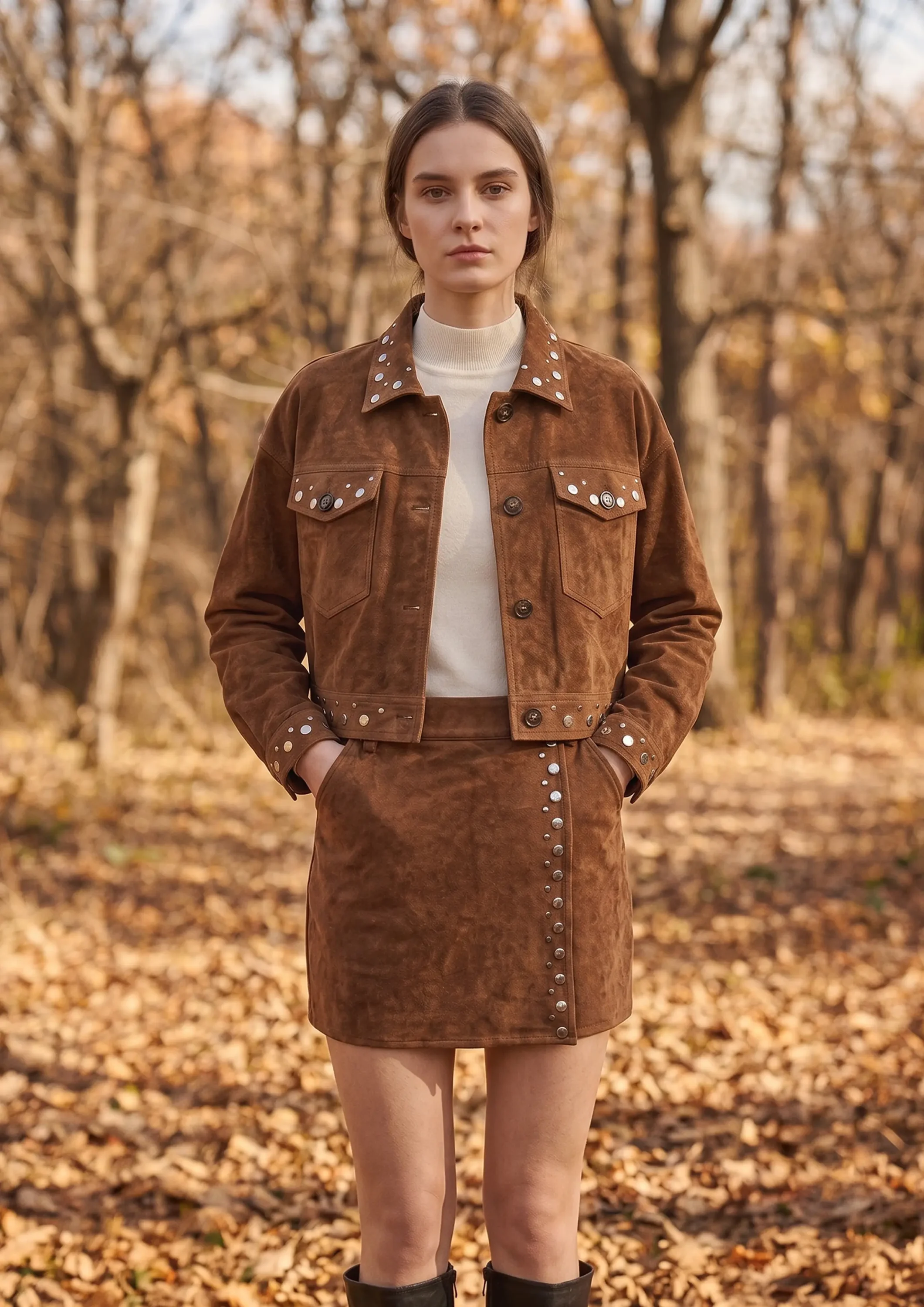 Studded suede cropped trucker jacket with pockets