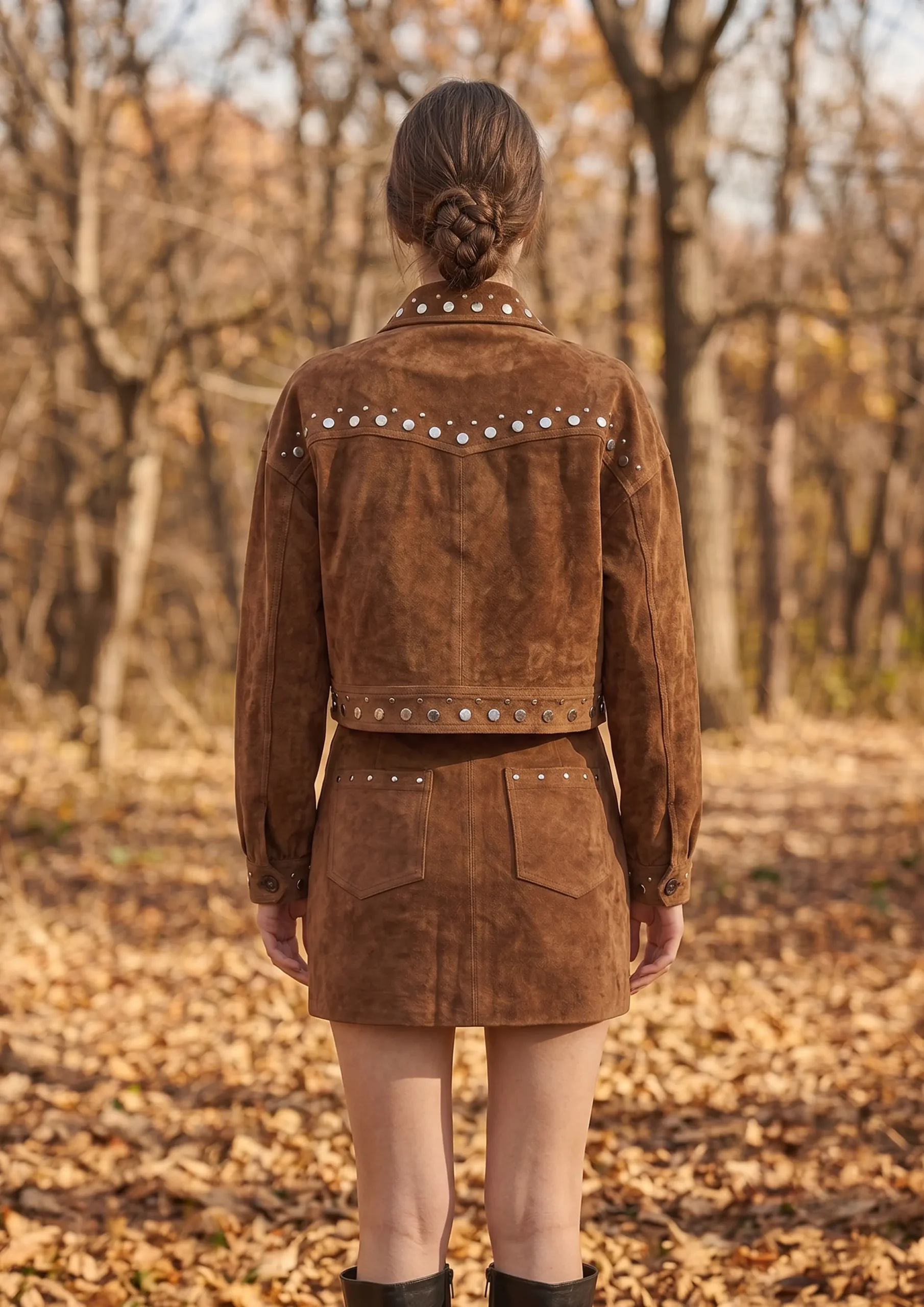 Studded Suede Cropped Trucker Jacket with Pockets – SHENGFU TEXTILE Studded suede cropped trucker jacket with pockets