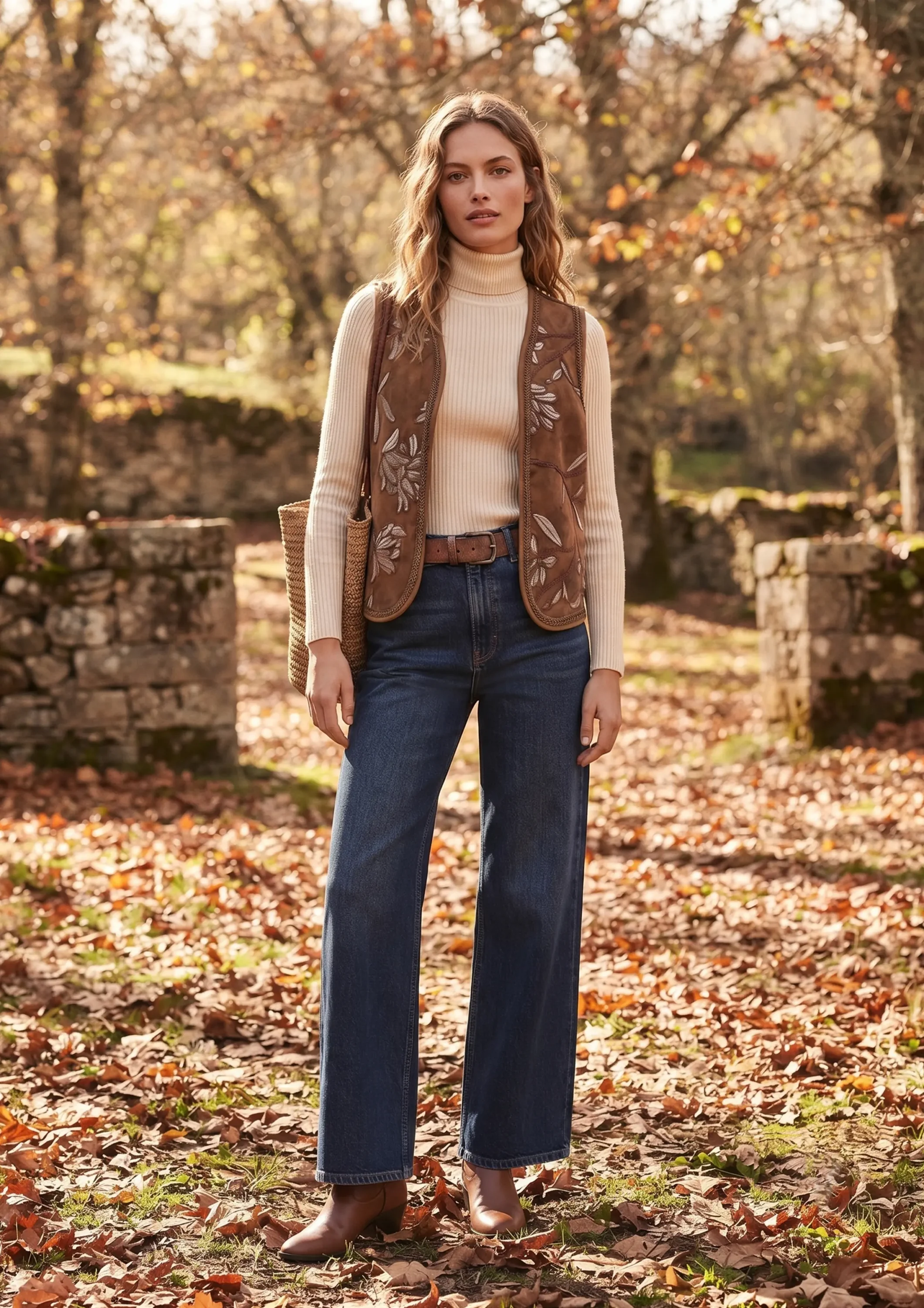 Woman standing outdoors in autumn leaves, wearing a beige turtleneck and brown embroidered vest over blue jeans, carrying a woven bag.