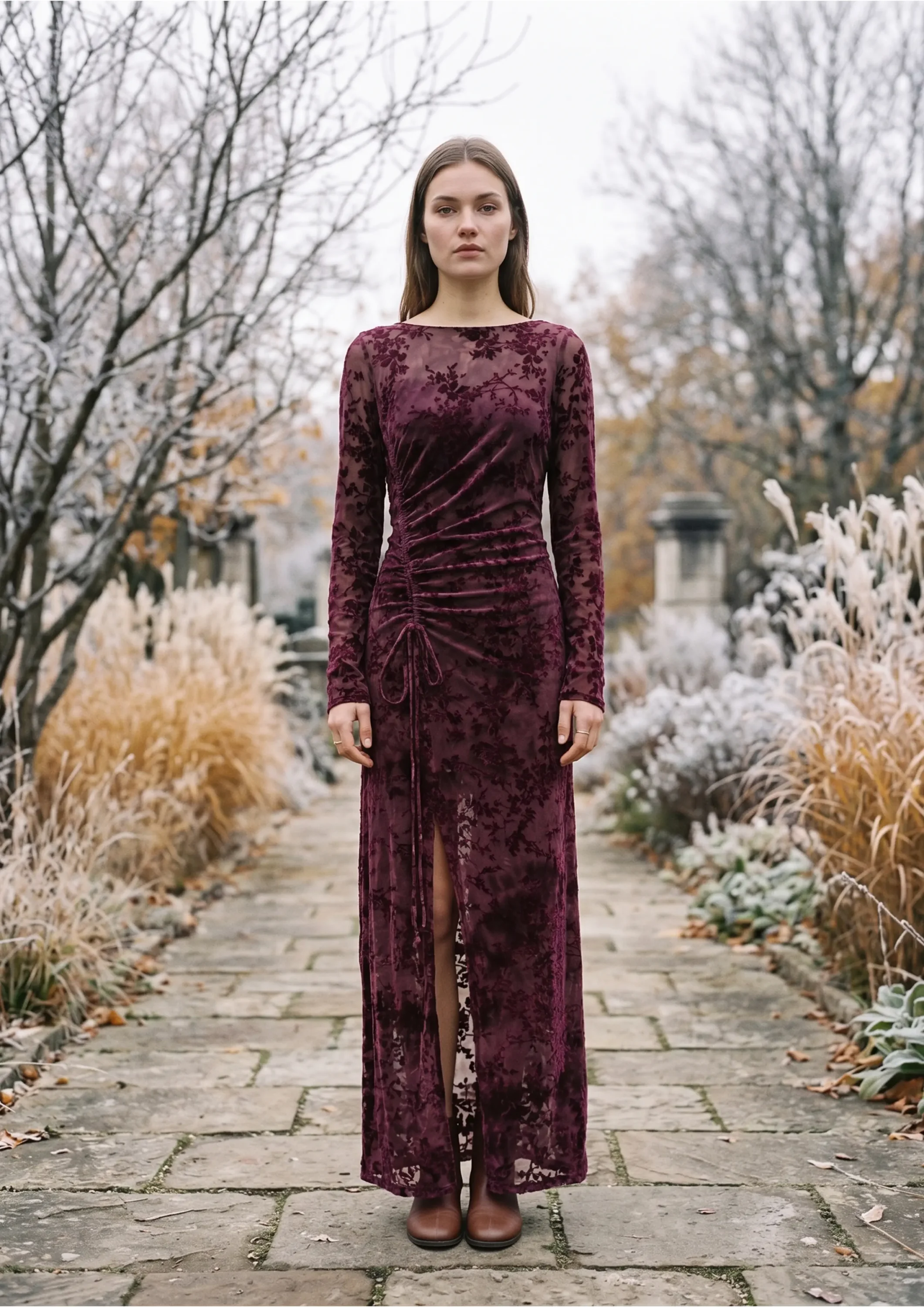 Burgundy floral ruched backless maxi dress