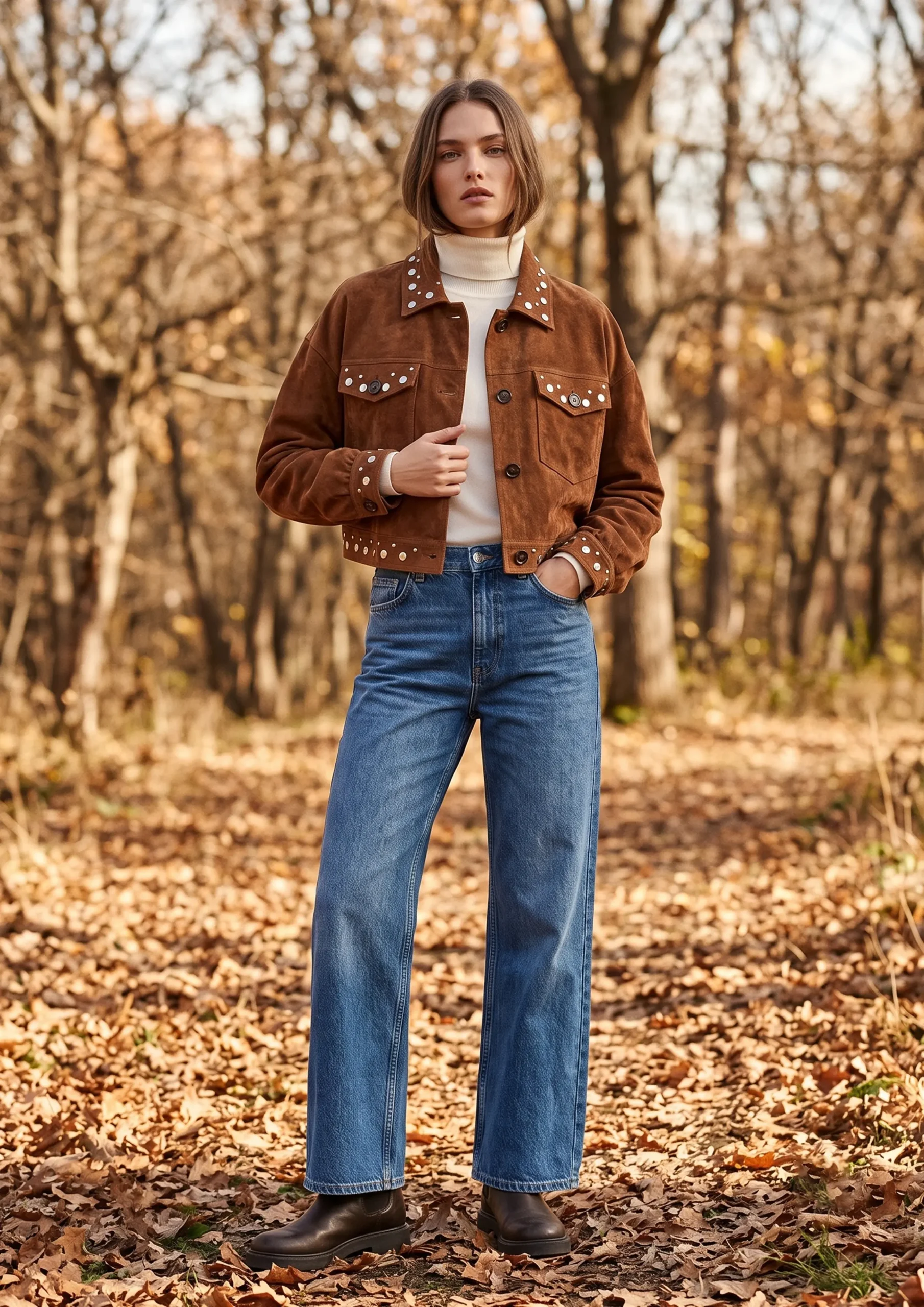 Studded Suede Cropped Trucker Jacket with Pockets – SHENGFU TEXTILE Studded suede cropped trucker jacket with pockets