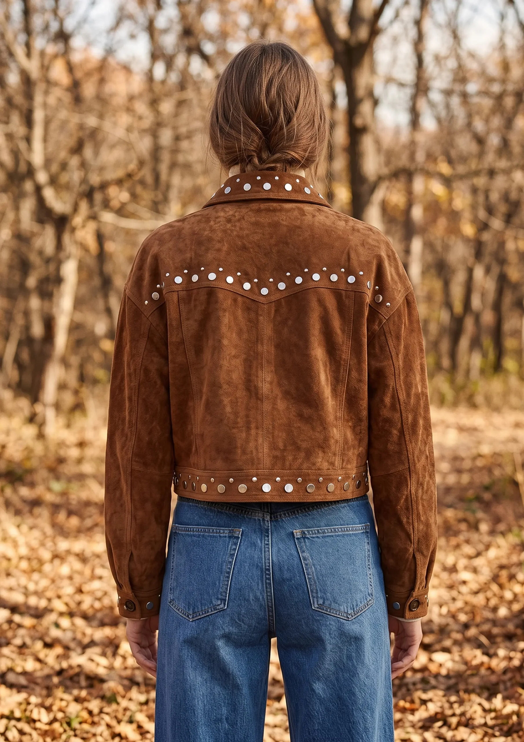 Studded Suede Cropped Trucker Jacket with Pockets – SHENGFU TEXTILE Studded suede cropped trucker jacket with pockets