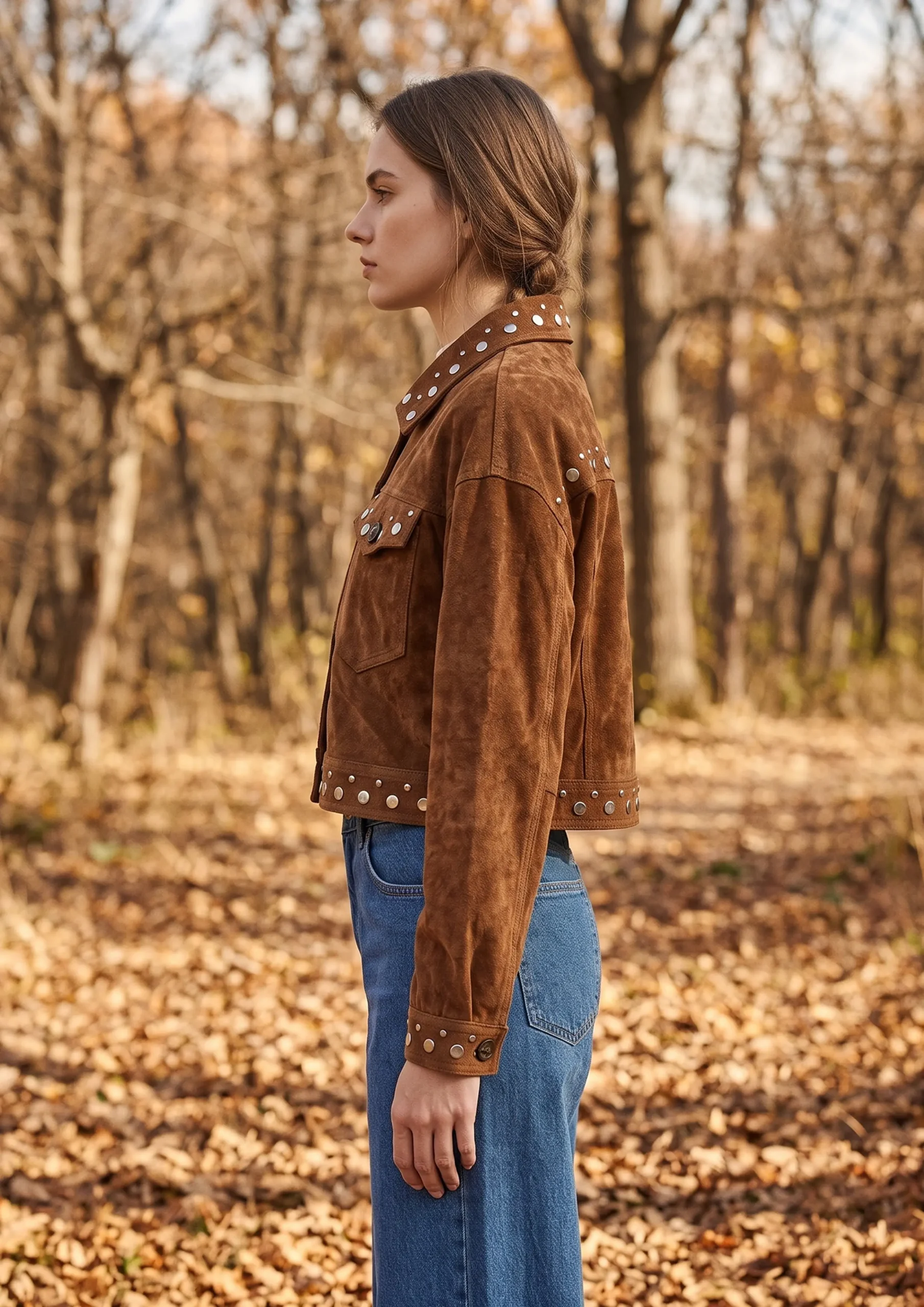 Studded Suede Cropped Trucker Jacket with Pockets – SHENGFU TEXTILE Studded suede cropped trucker jacket with pockets
