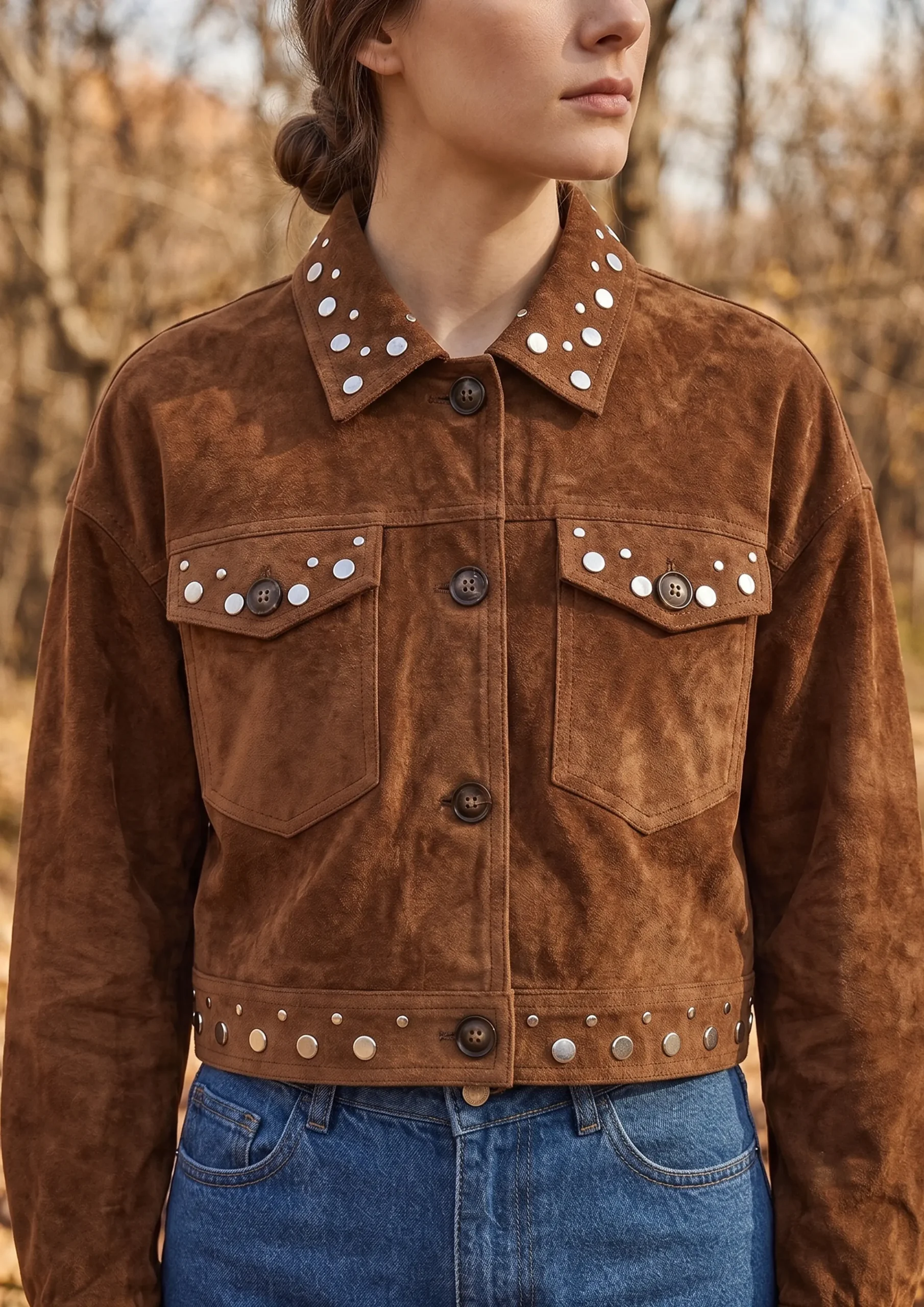 Studded Suede Cropped Trucker Jacket with Pockets – SHENGFU TEXTILE Studded suede cropped trucker jacket with pockets