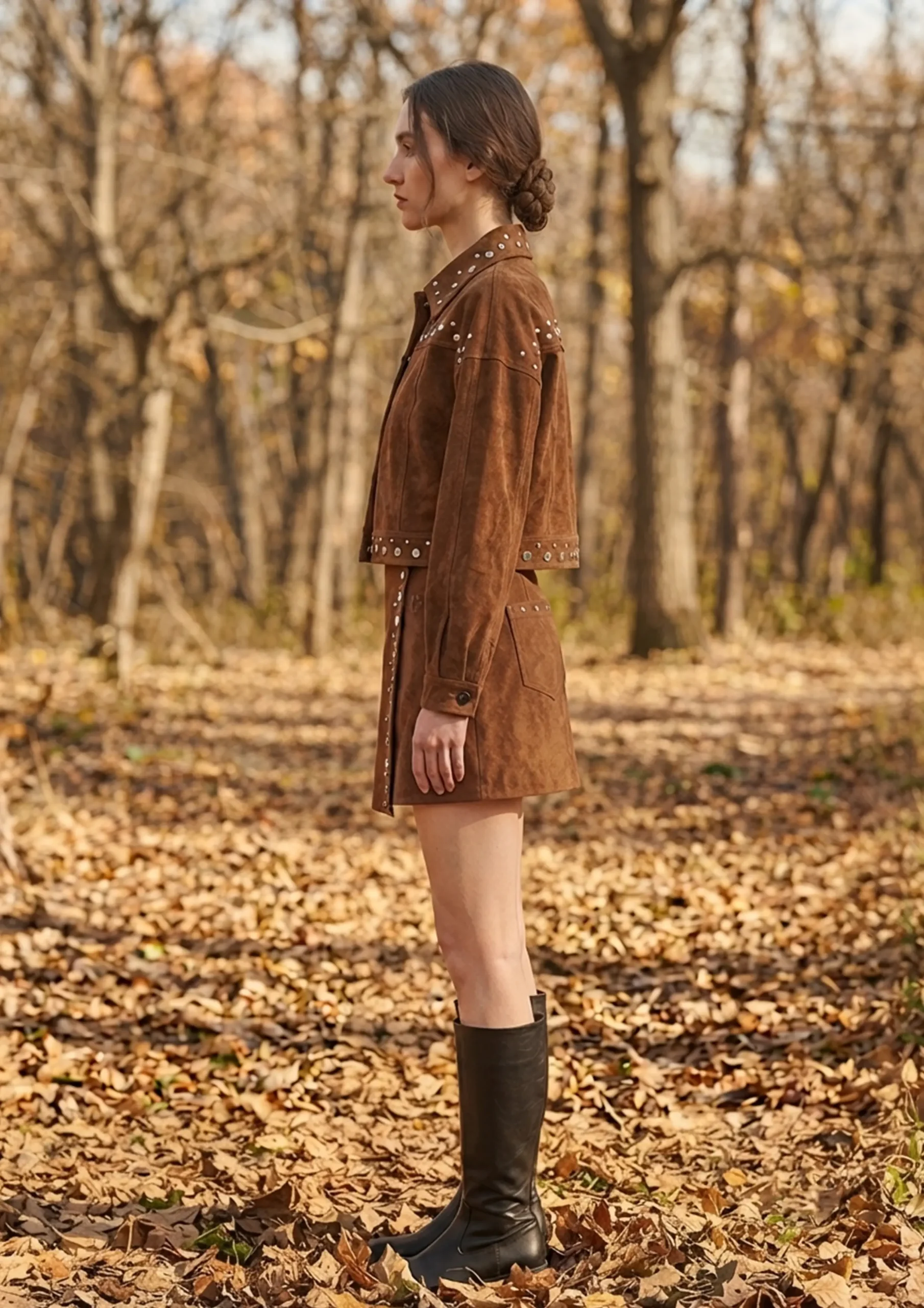 Studded Suede Cropped Trucker Jacket with Pockets – SHENGFU TEXTILE Studded suede cropped trucker jacket with pockets