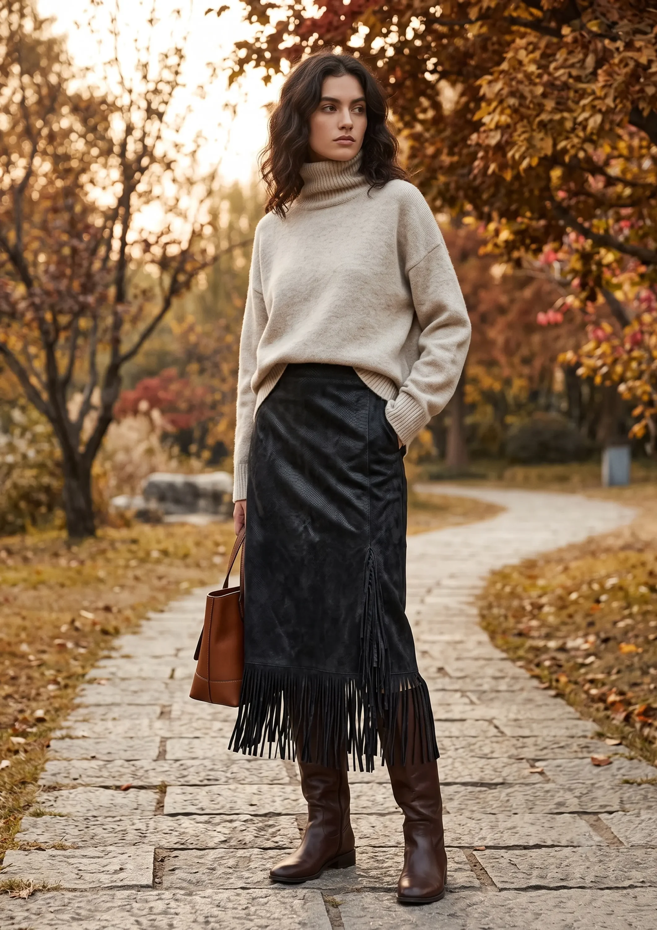 Black snakeskin faux leather fringe midi skirt
