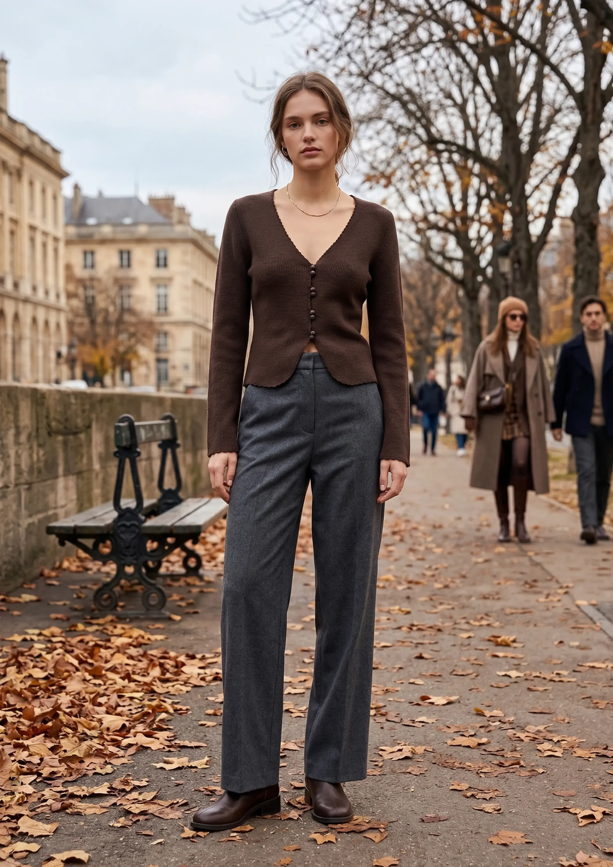 Brown v neck buttoned knit cardigan