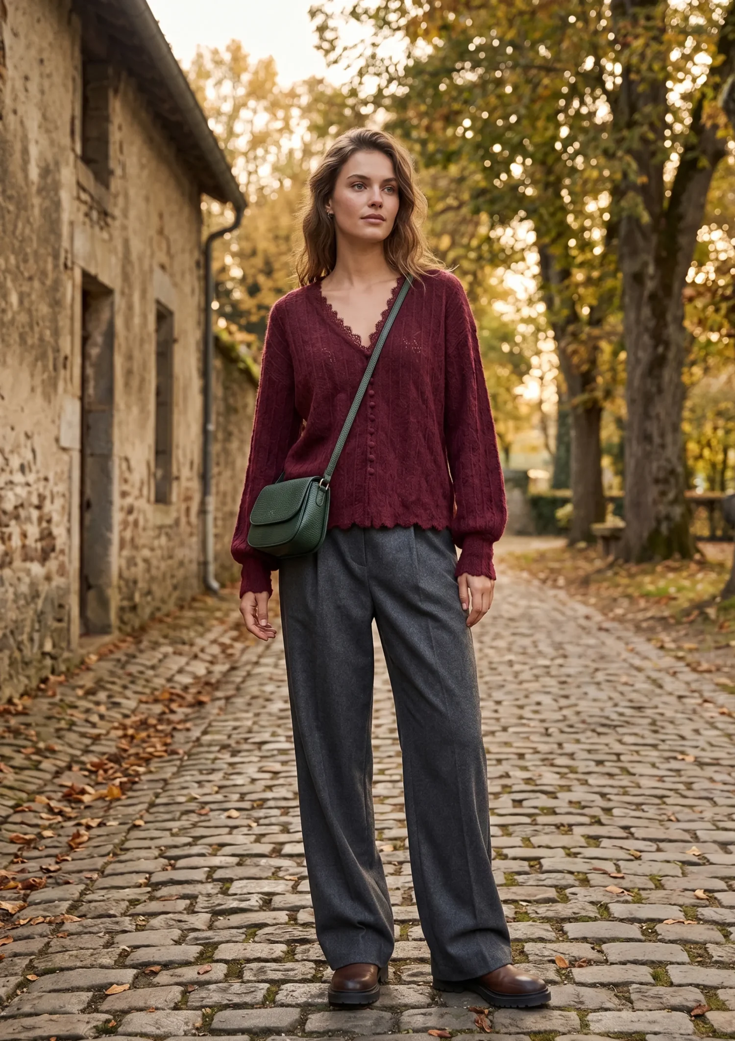 Burgundy lace trim button knit cardigan