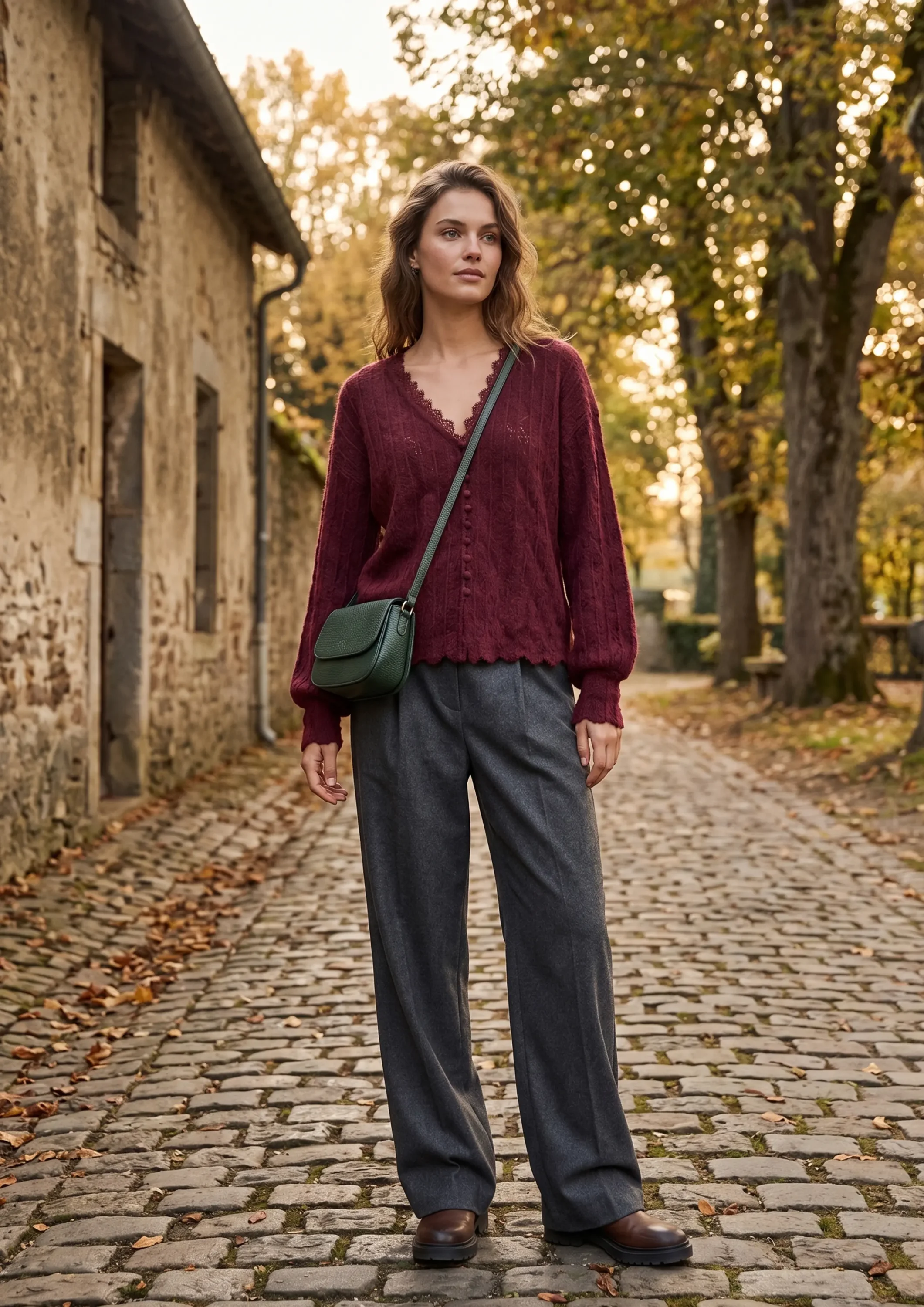 Burgundy Lace Trim Button Knit Cardigan