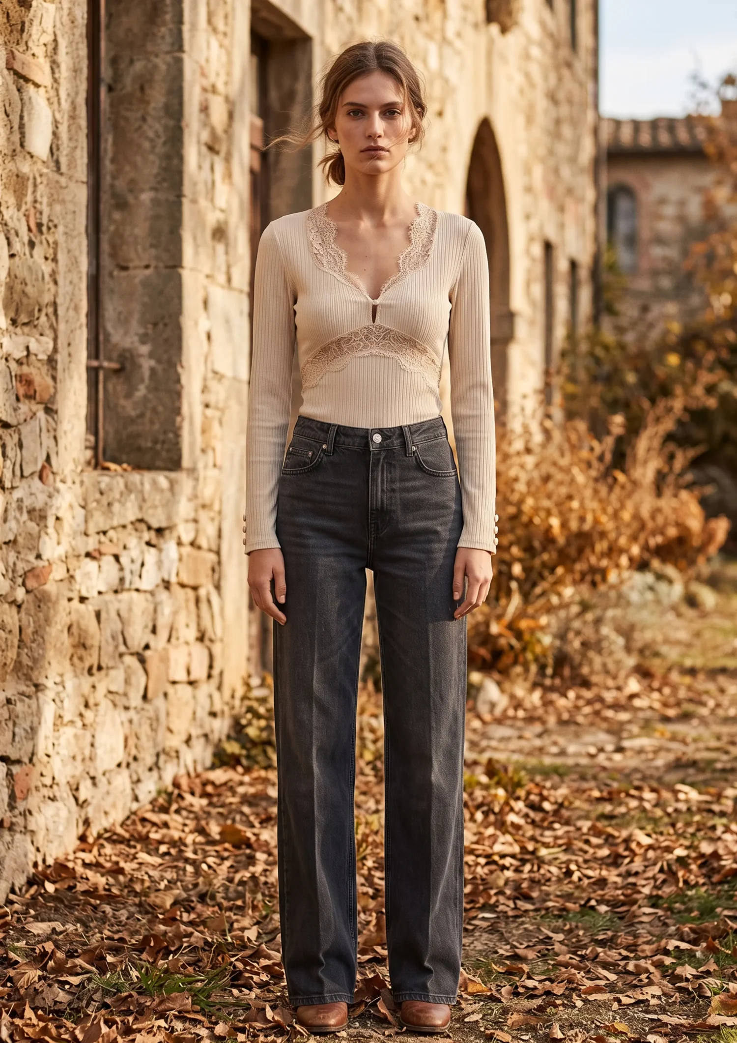 Lace trim ribbed v neck top