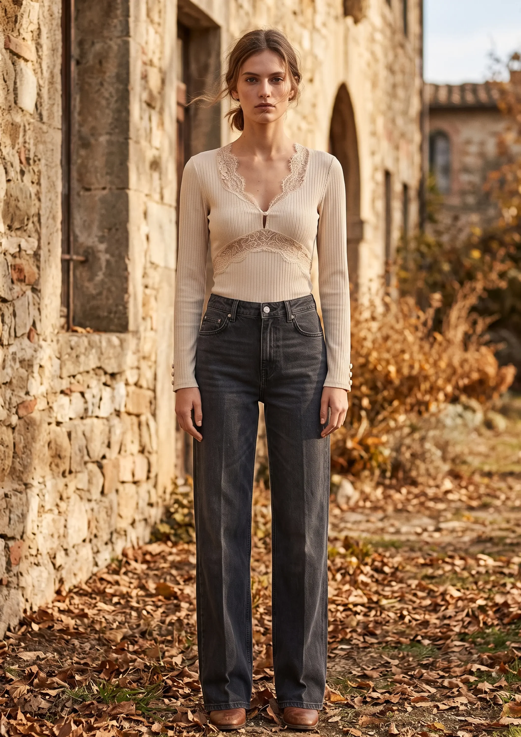 Lace Trim Ribbed V Neck Top