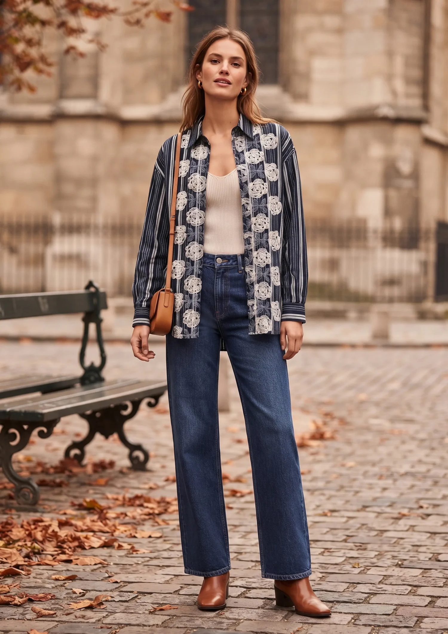 Navy striped floral embroidered button shirt