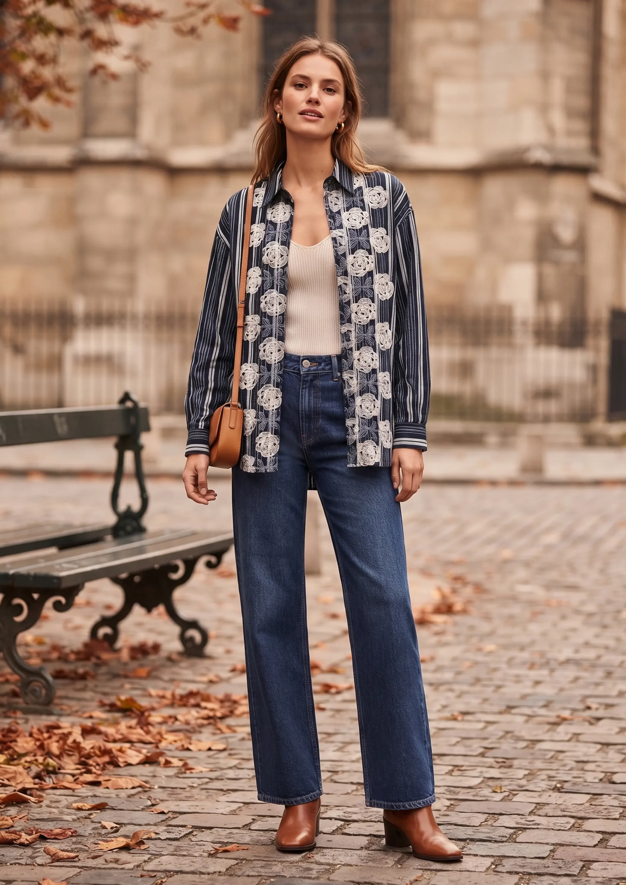 Navy striped floral embroidered button shirt